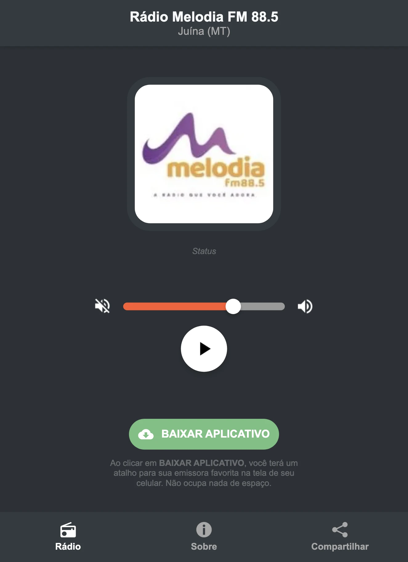 Screenshot do aplicativo da Rádio Melodia FM 88.5