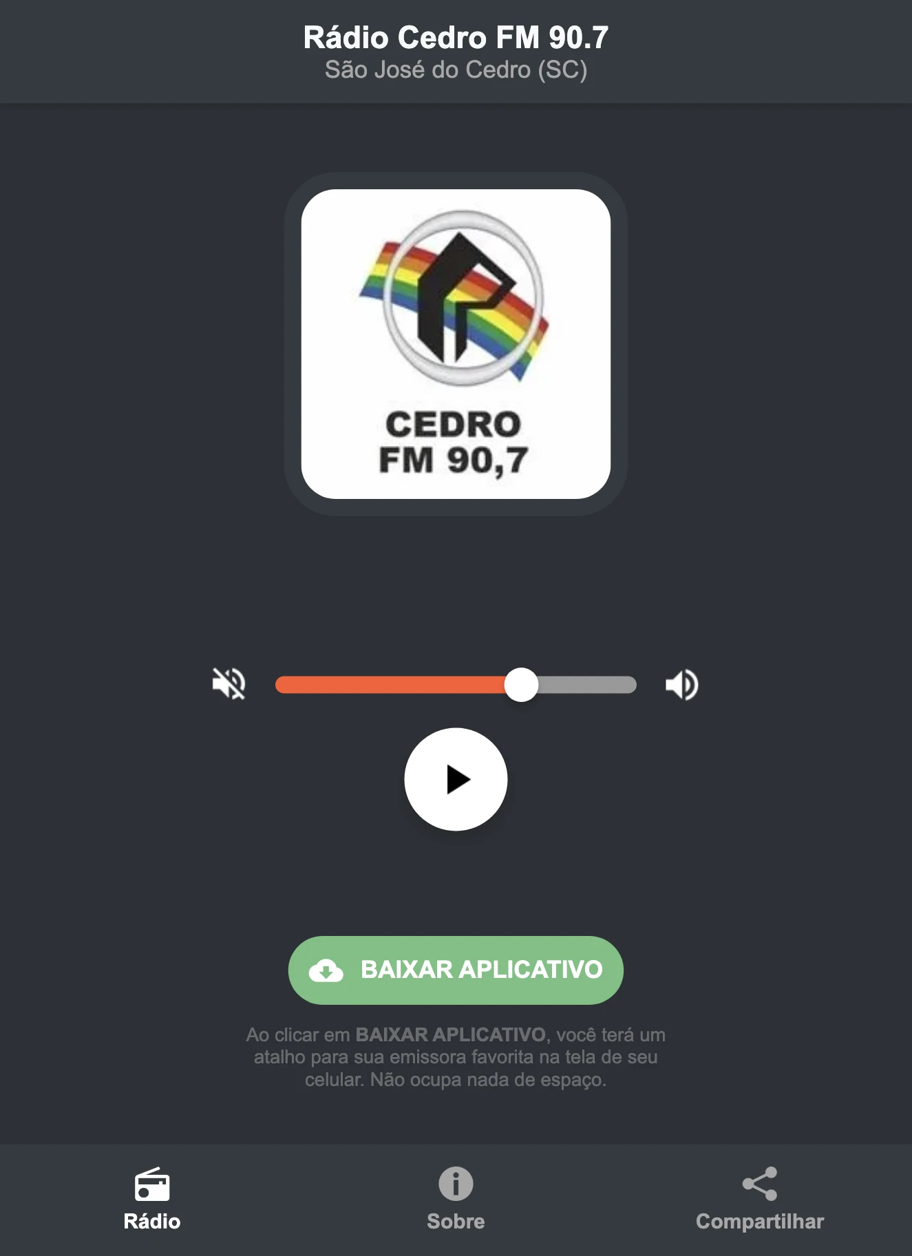 Screenshot do aplicativo da Rádio Cedro FM 90.7