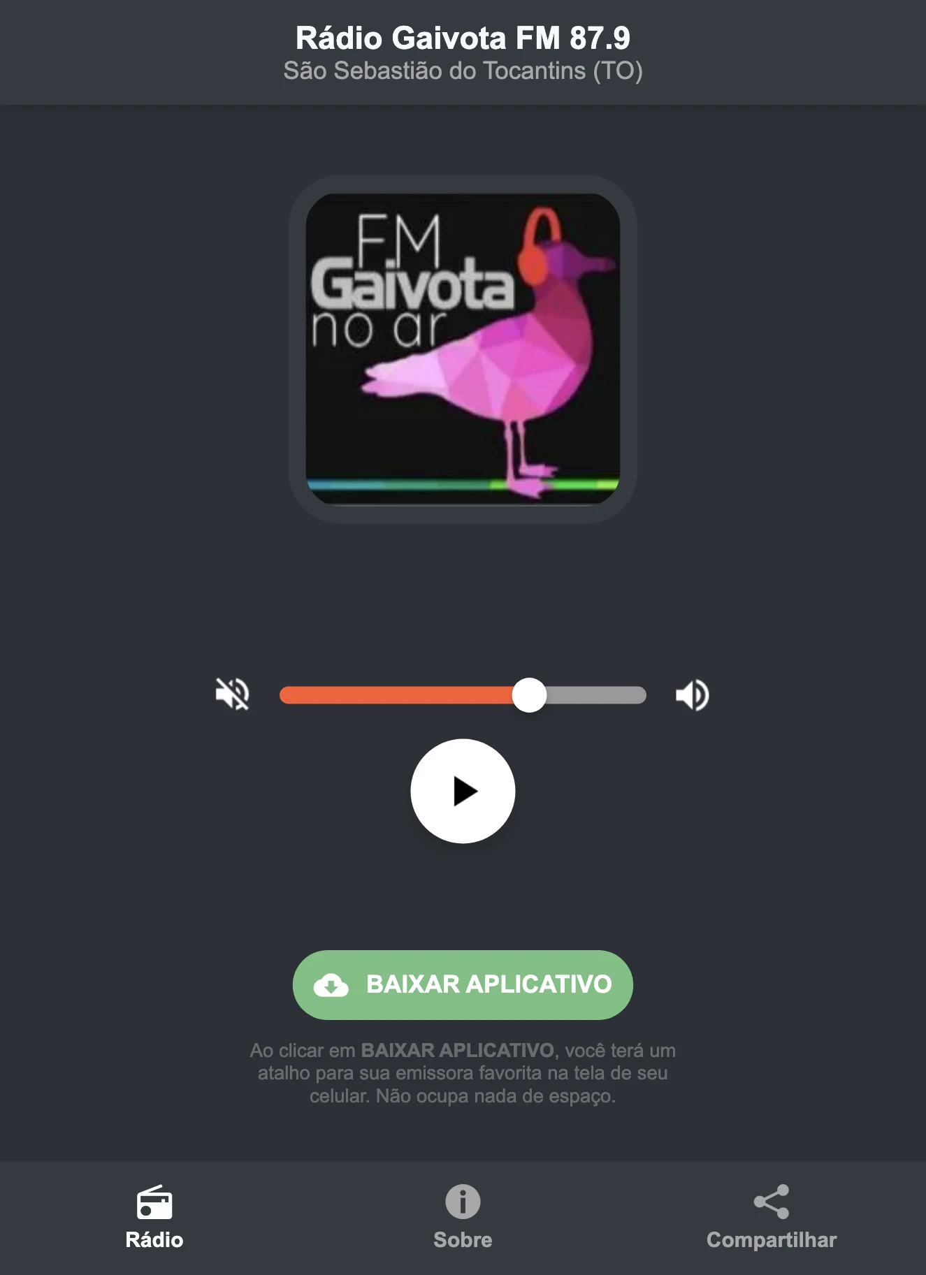 Screenshot do aplicativo da Rádio Gaivota FM 87.9