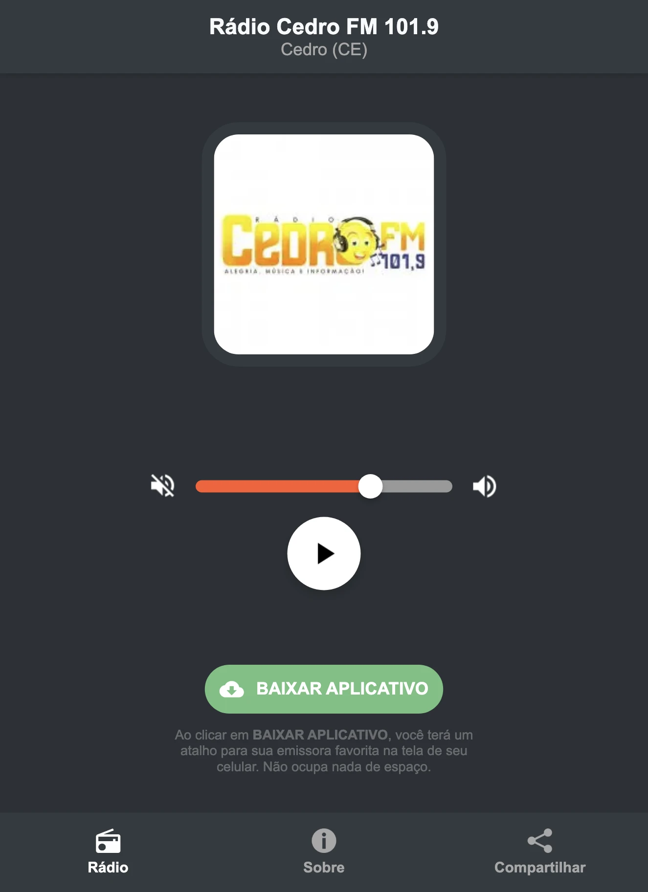 Screenshot do aplicativo da Rádio Cedro FM 101.9