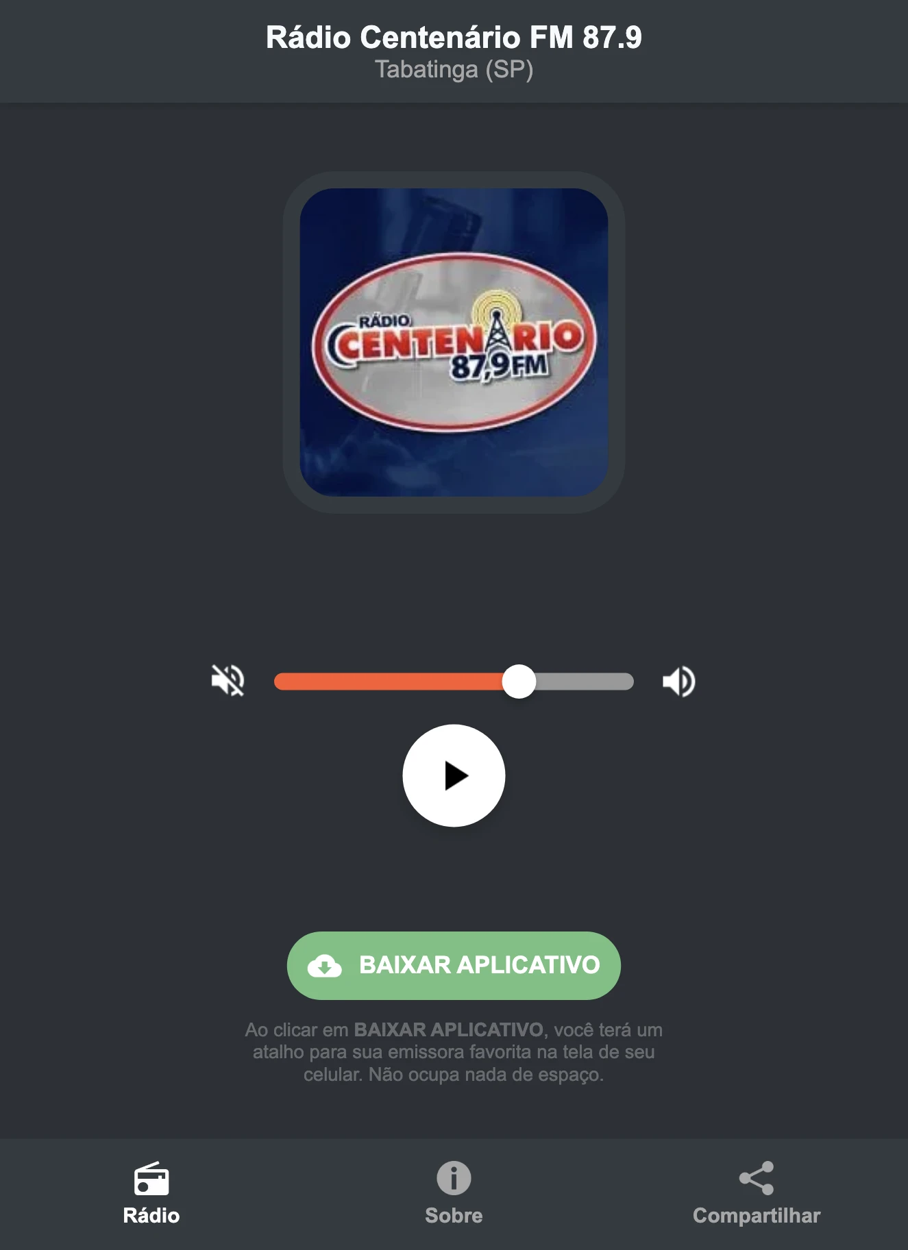Screenshot do aplicativo da Rádio Centenário FM 87.9