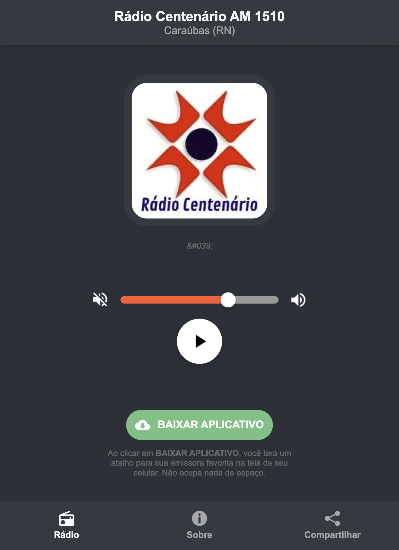 Screenshot do aplicativo da Rádio Centenário AM 1510