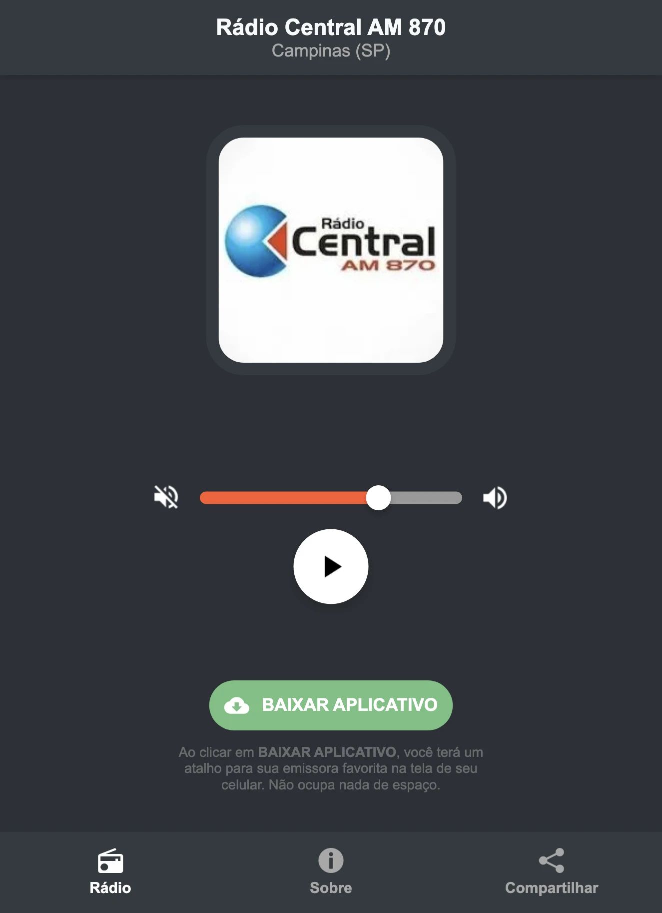 Screenshot do aplicativo da Rádio Central AM 870