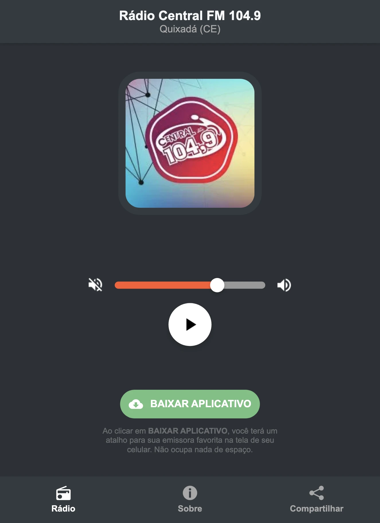 Screenshot do aplicativo da Rádio Central FM 104.9