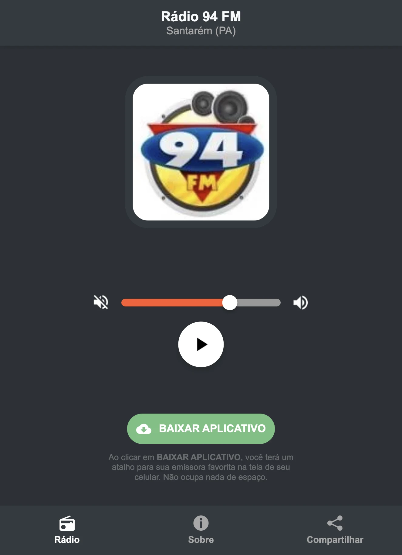 Screenshot do aplicativo da Rádio 94 FM