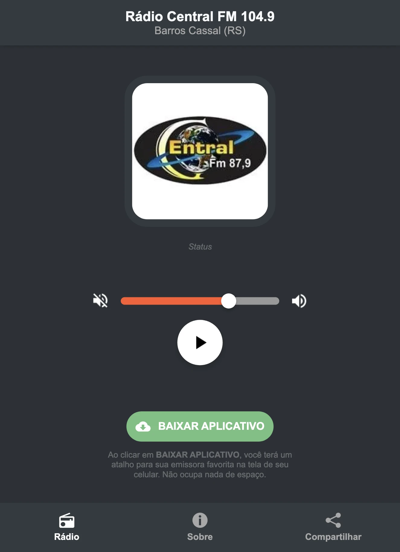 Screenshot do aplicativo da Rádio Central FM 104.9