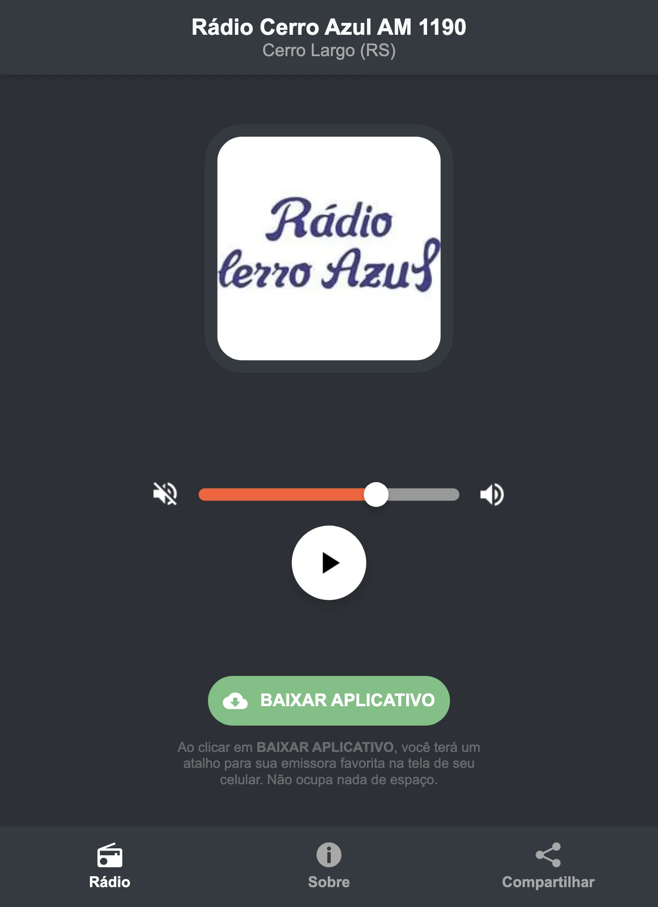Screenshot do aplicativo da Rádio Cerro Azul AM 1190