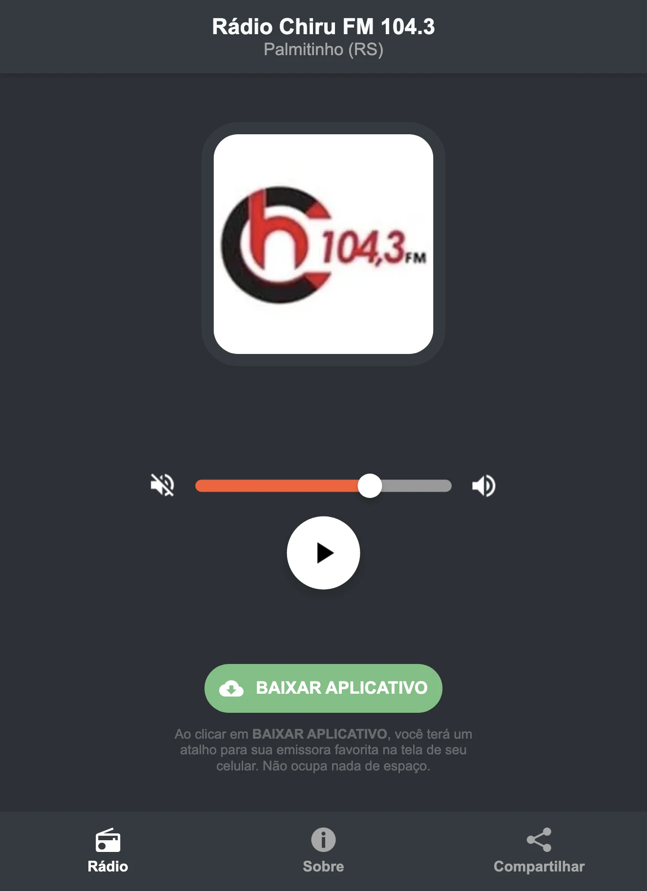 Screenshot do aplicativo da Rádio Chiru FM 104.3