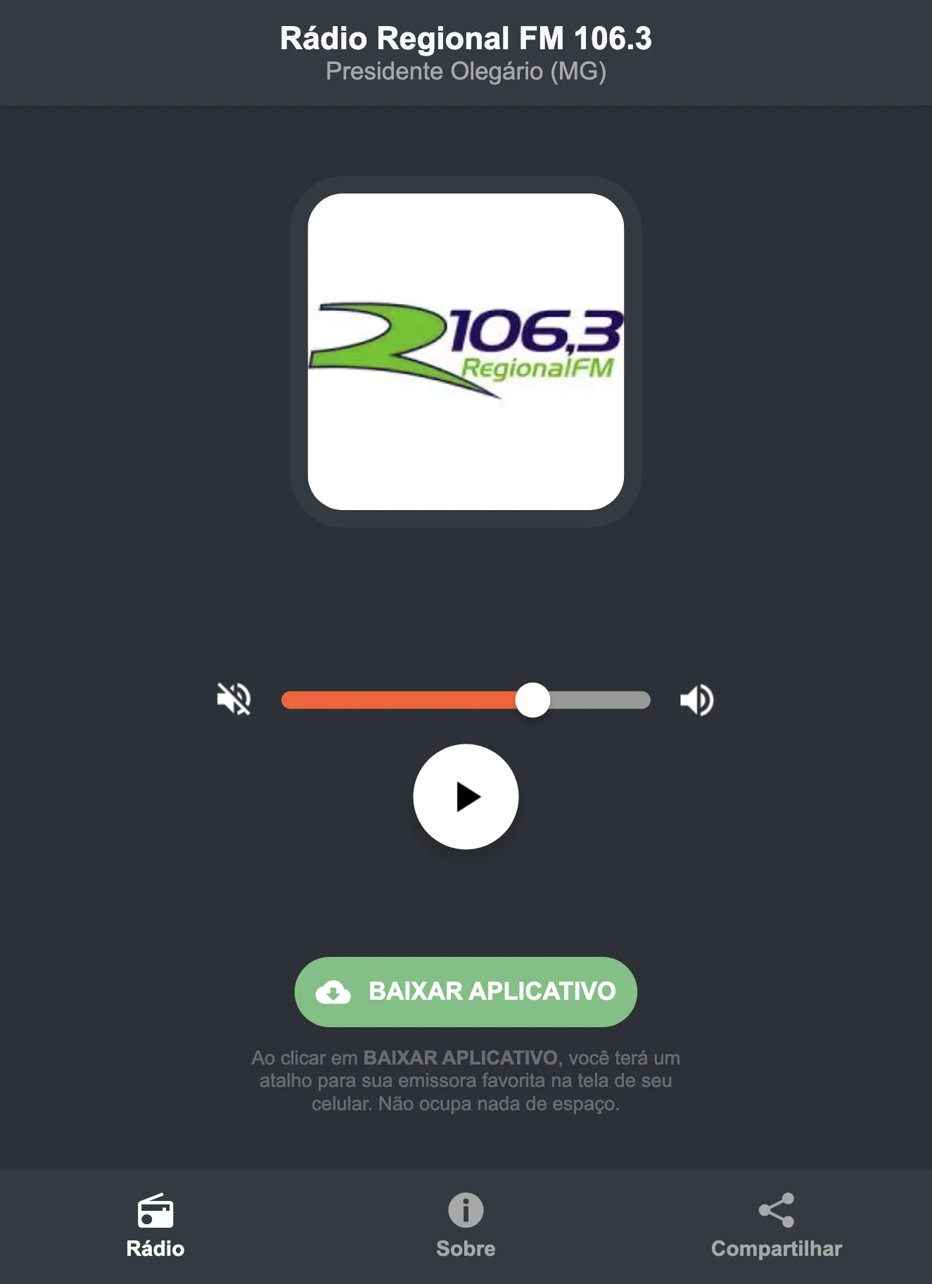 Screenshot do aplicativo da Rádio Regional FM 106.3