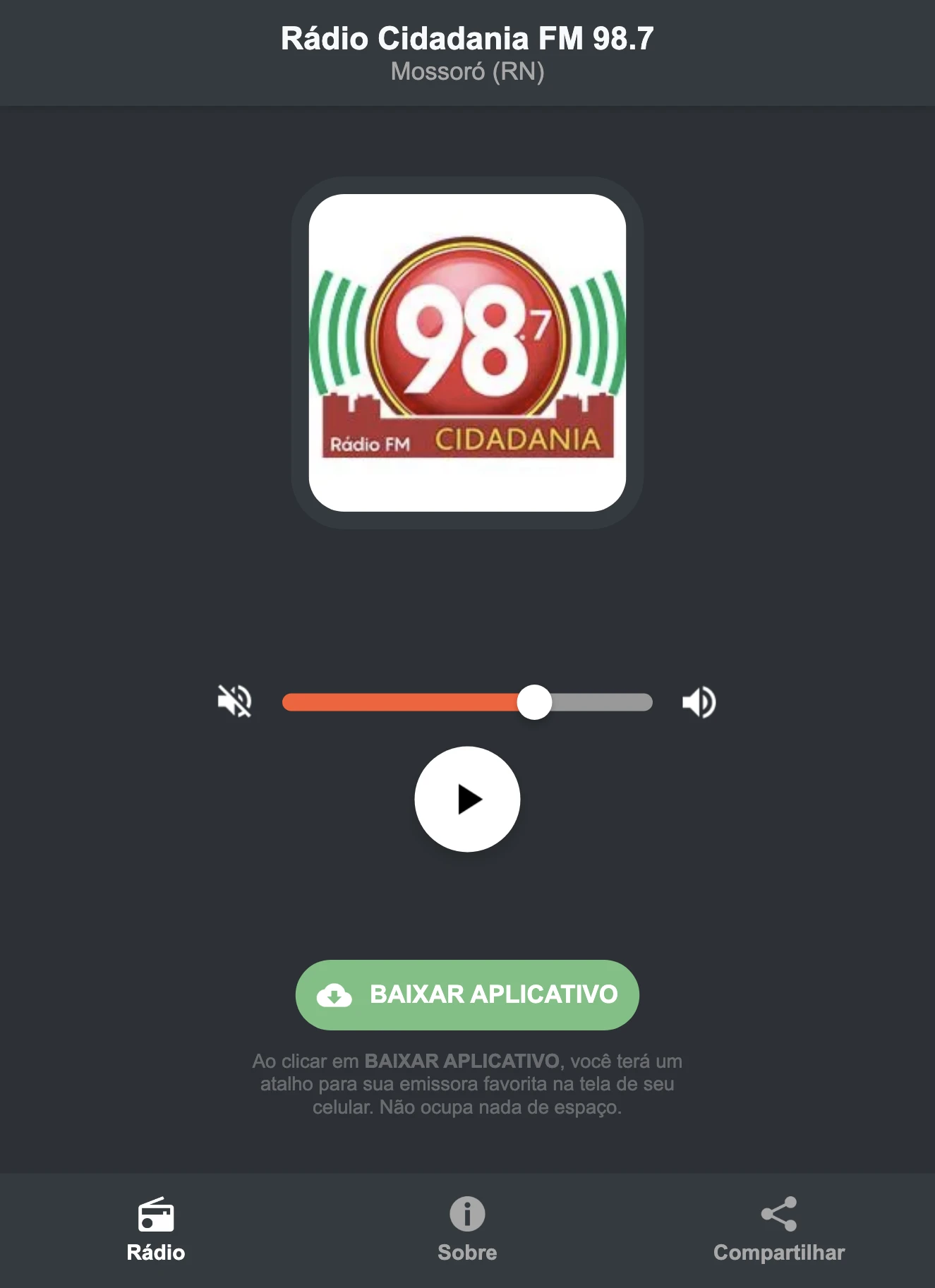 Screenshot do aplicativo da Rádio Cidadania FM 98.7