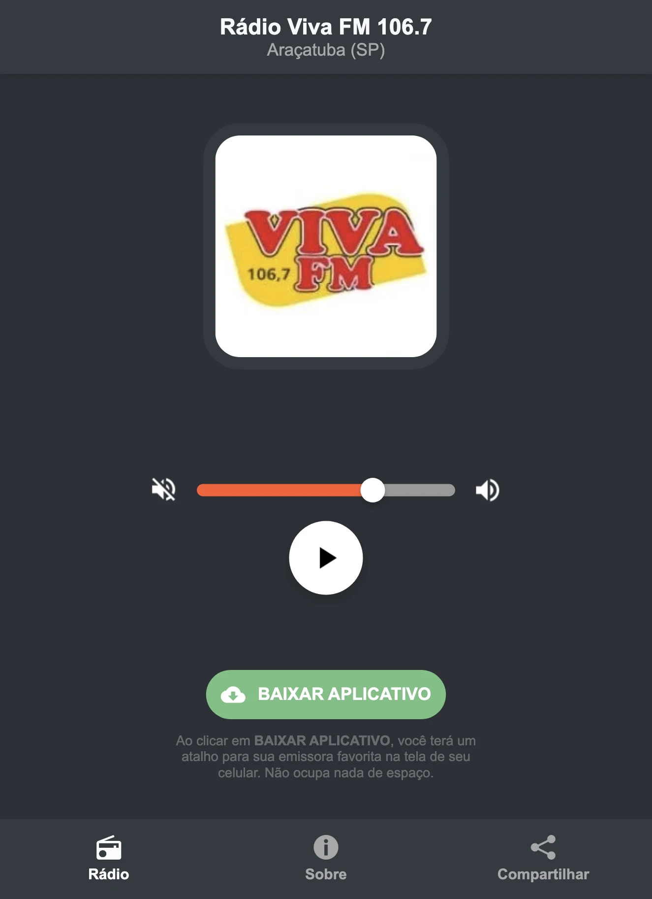 Screenshot do aplicativo da Rádio Viva FM 106.7