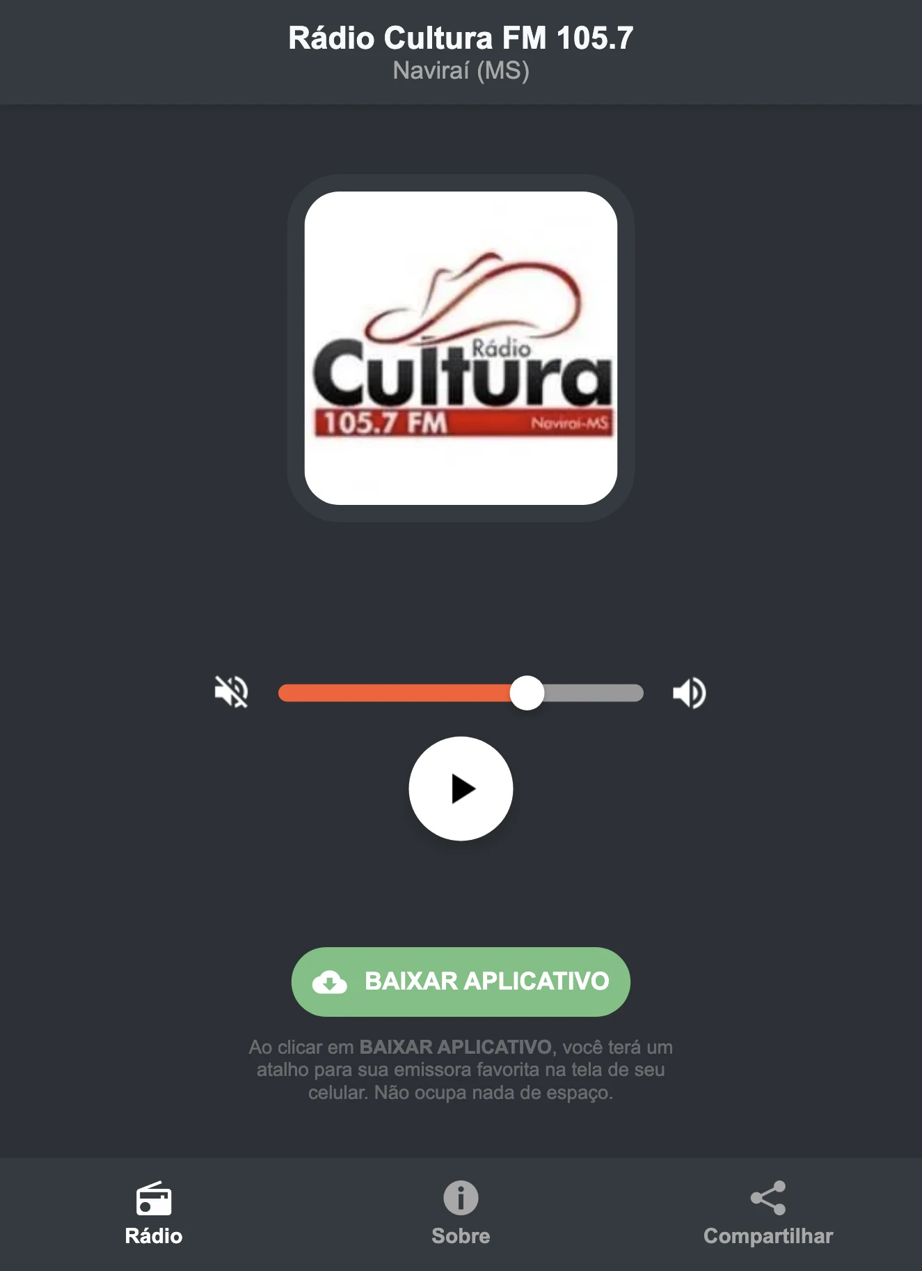 Screenshot do aplicativo da Rádio Cultura FM 105.7