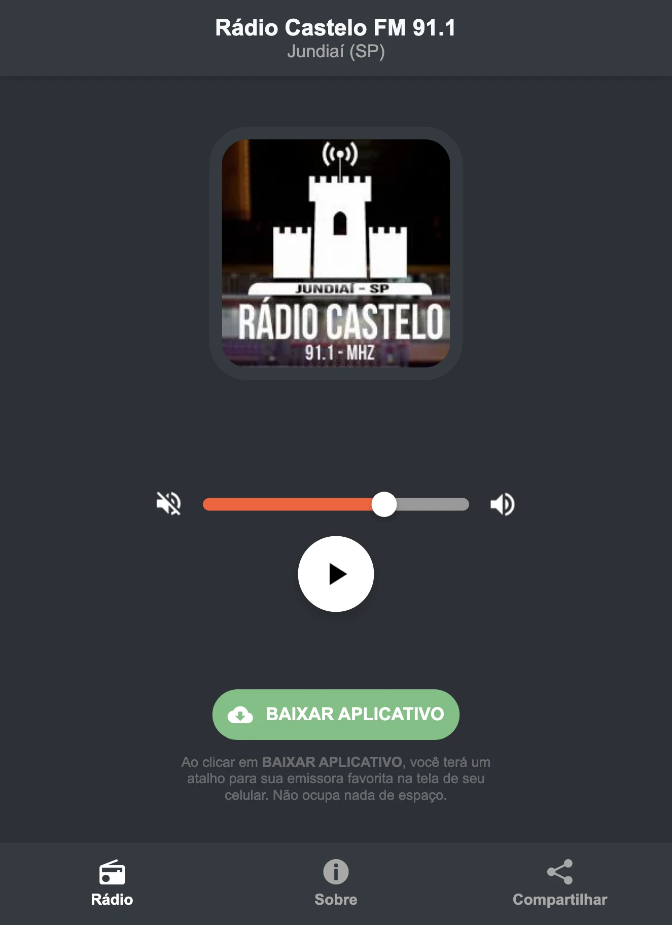 Screenshot do aplicativo da Rádio Castelo FM 91.1