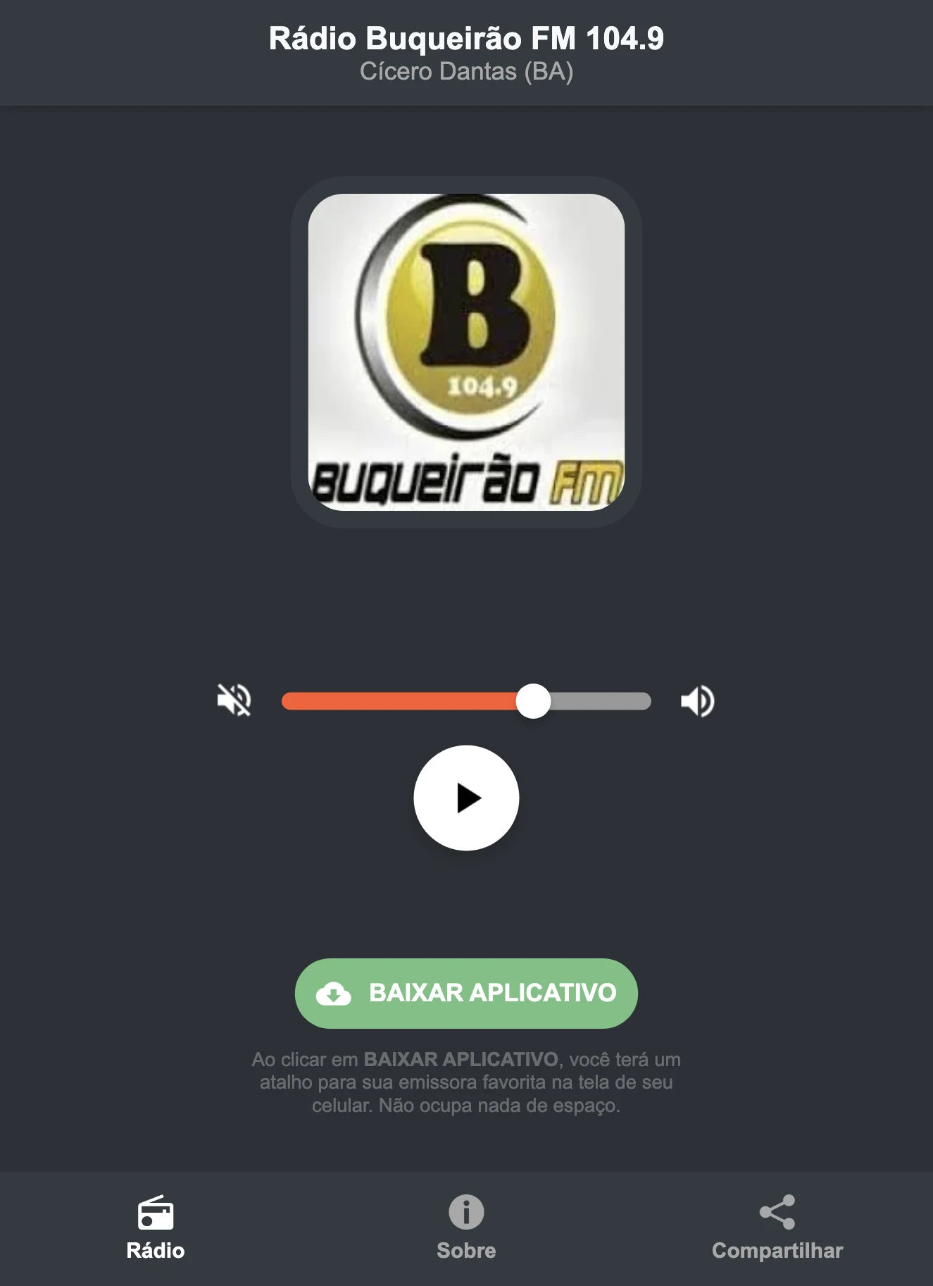 Screenshot do aplicativo da Rádio Buqueirão FM 104.9