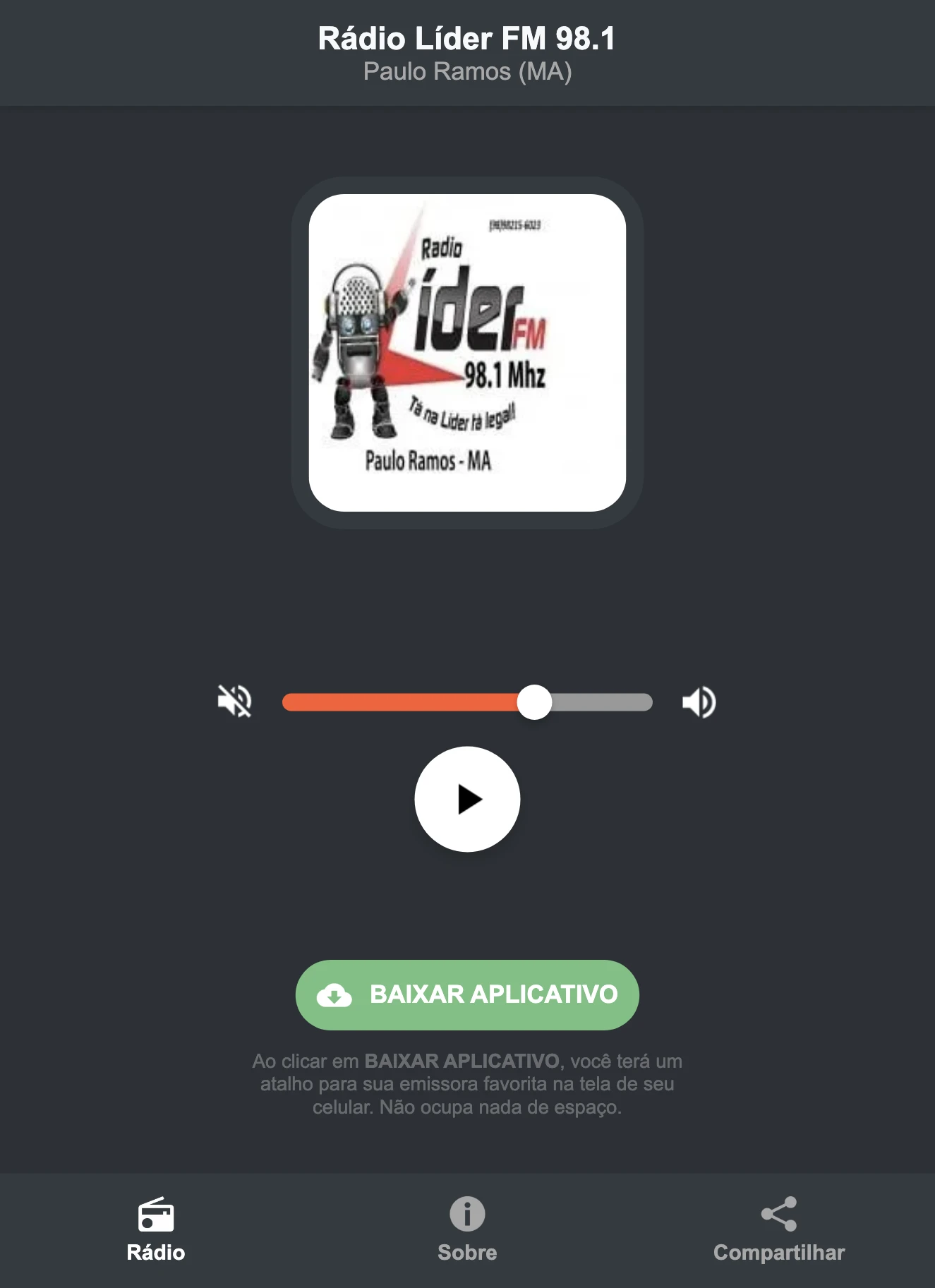 Screenshot do aplicativo da Rádio Líder FM 98.1