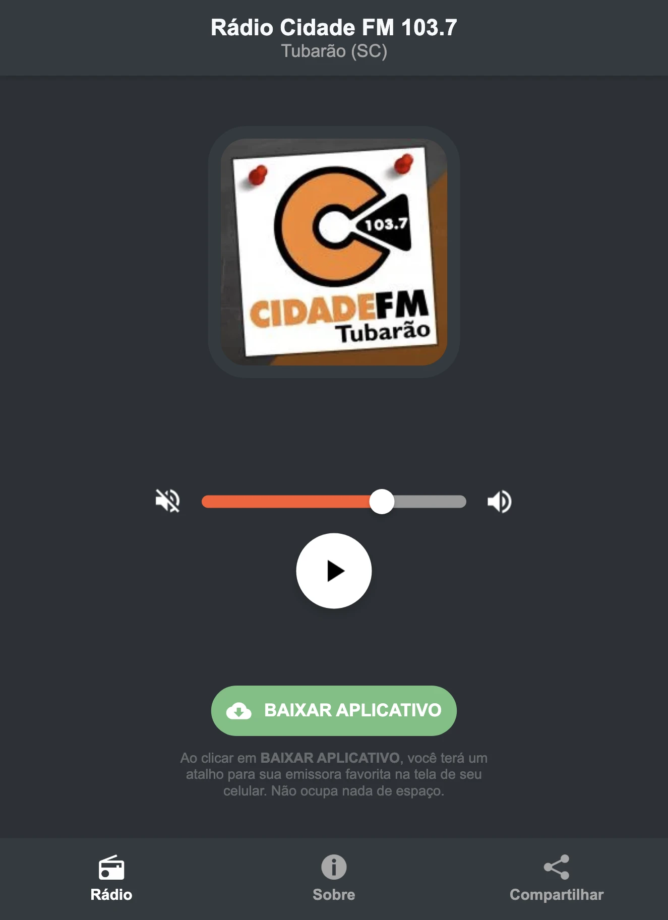 Screenshot do aplicativo da Rádio Cidade FM 103.7