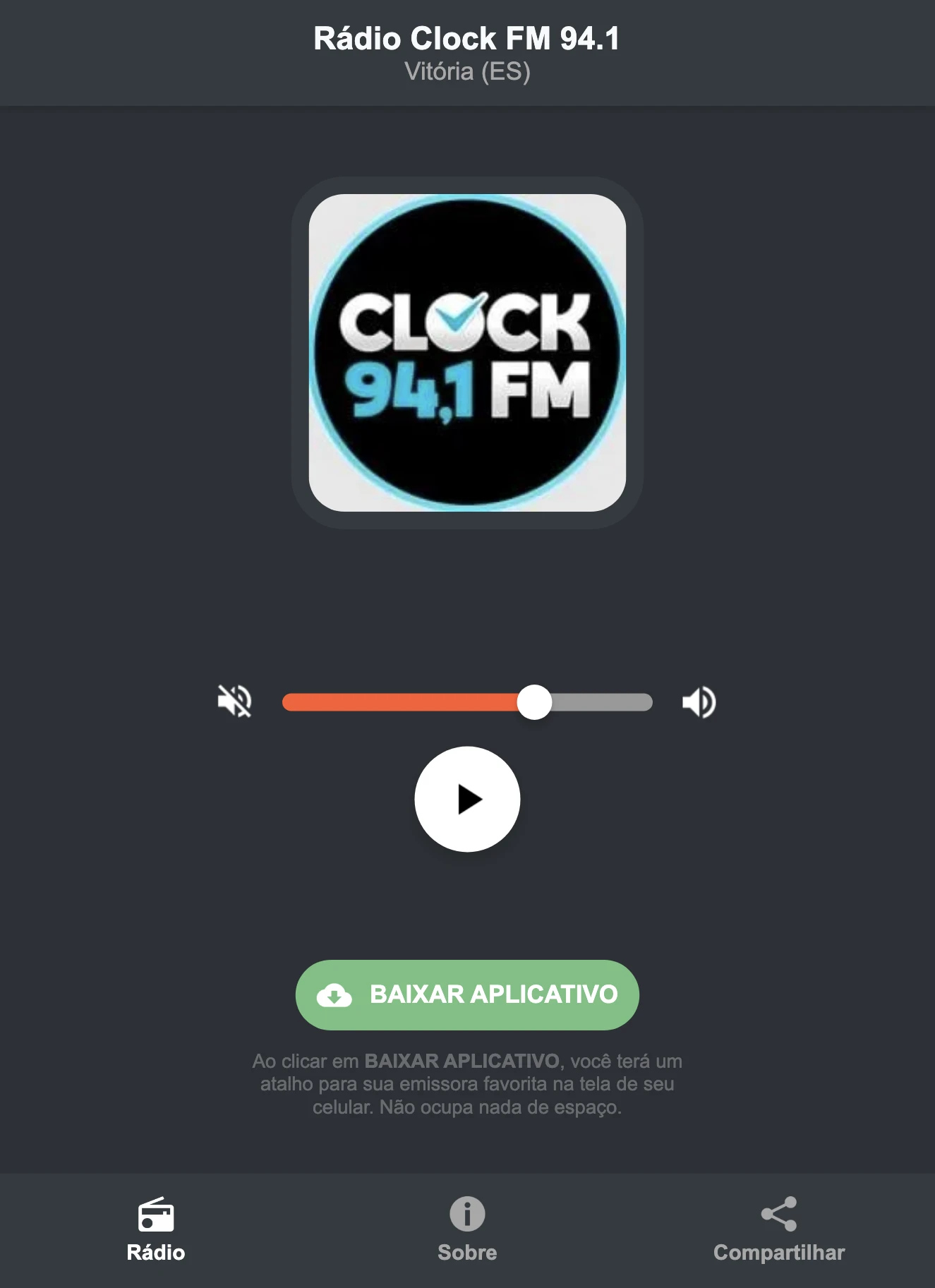 Screenshot do aplicativo da Rádio Clock FM 94.1