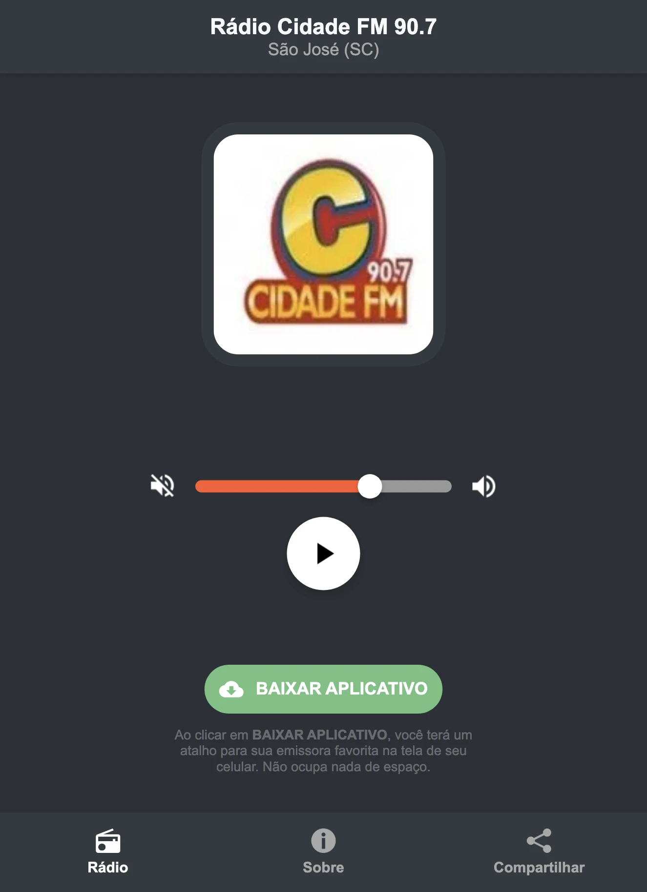 Screenshot do aplicativo da Rádio Cidade FM 90.7