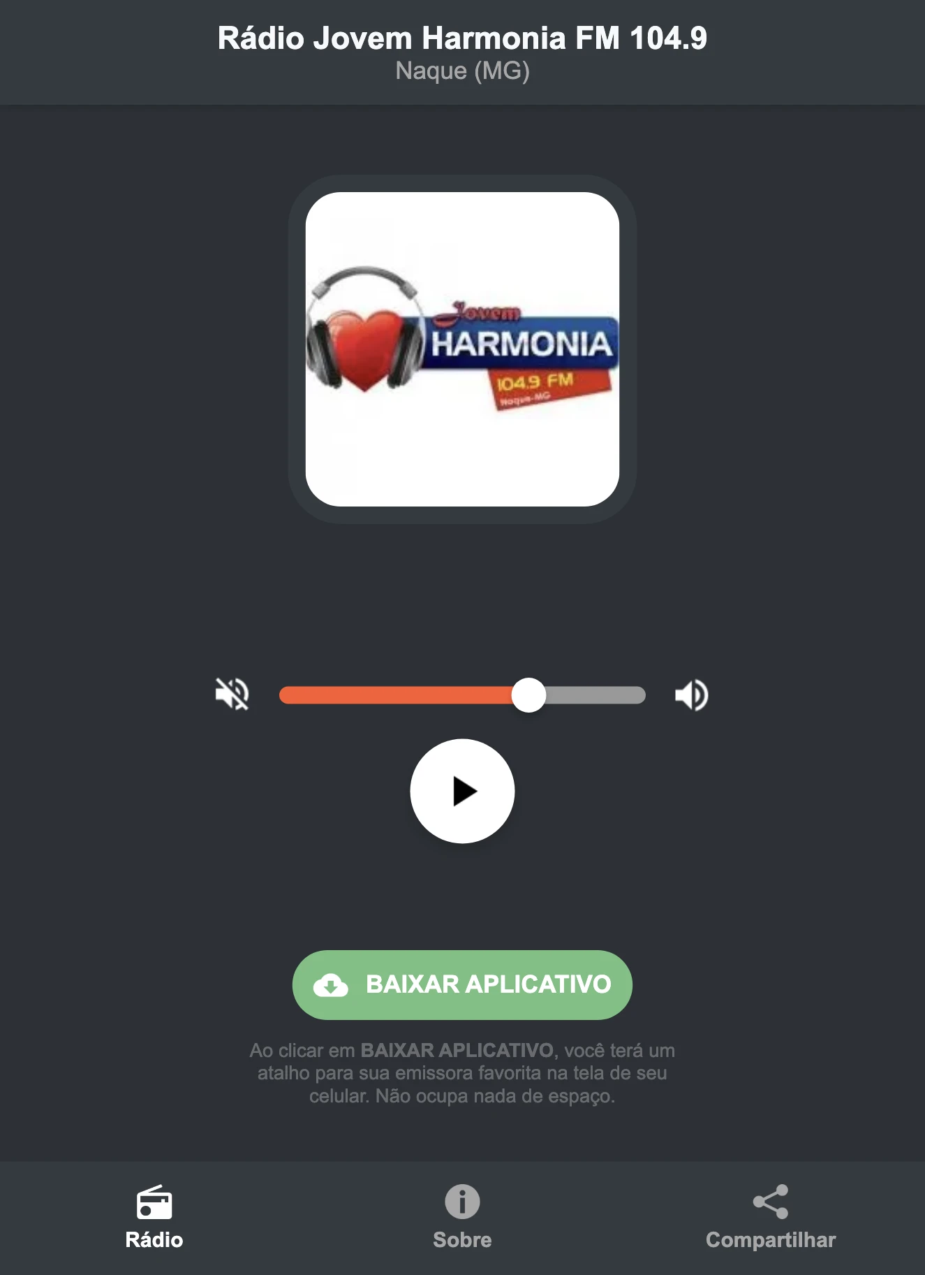 Screenshot do aplicativo da Rádio Jovem Harmonia FM 104.9