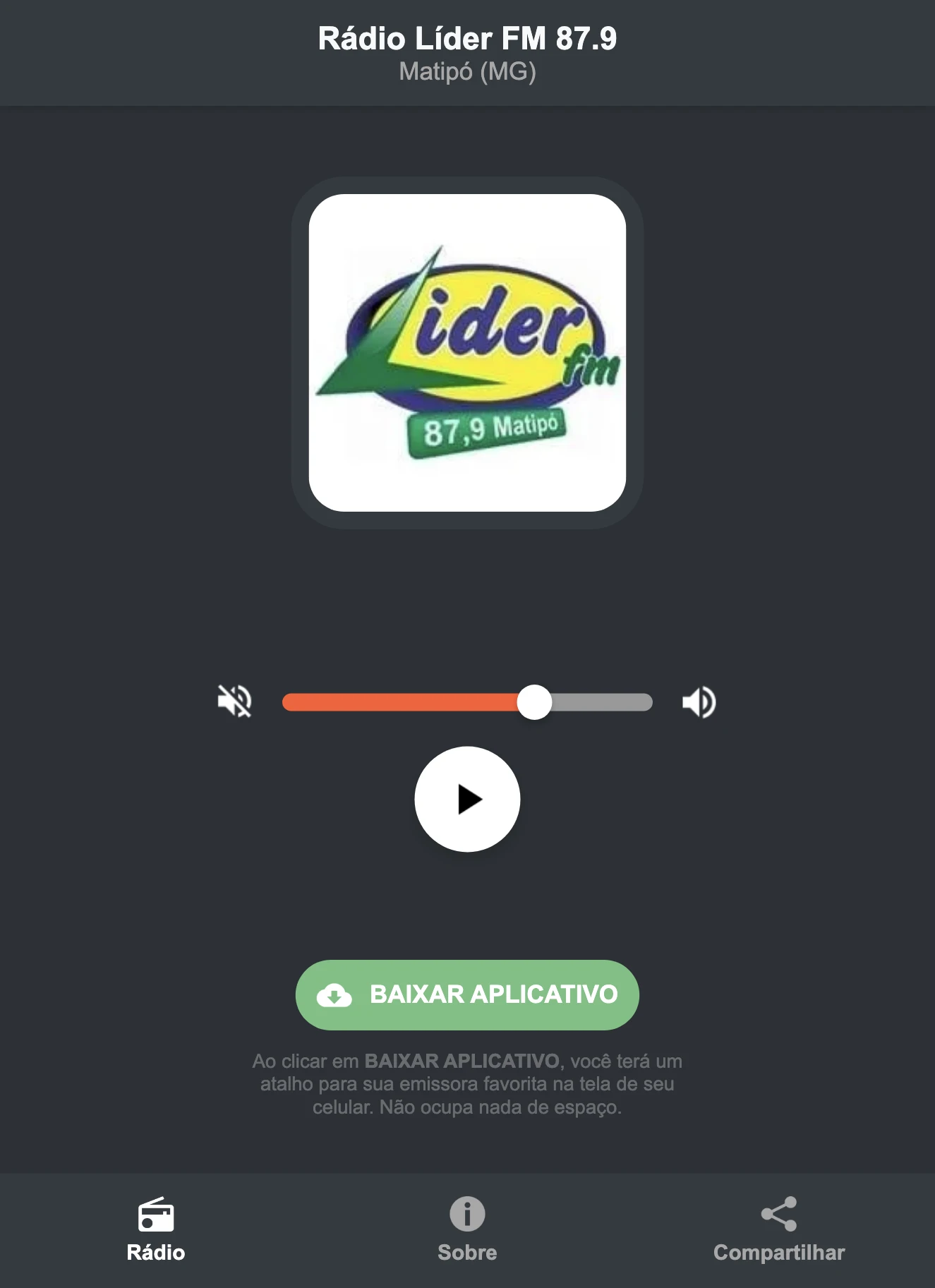 Screenshot do aplicativo da Rádio Líder FM 87.9