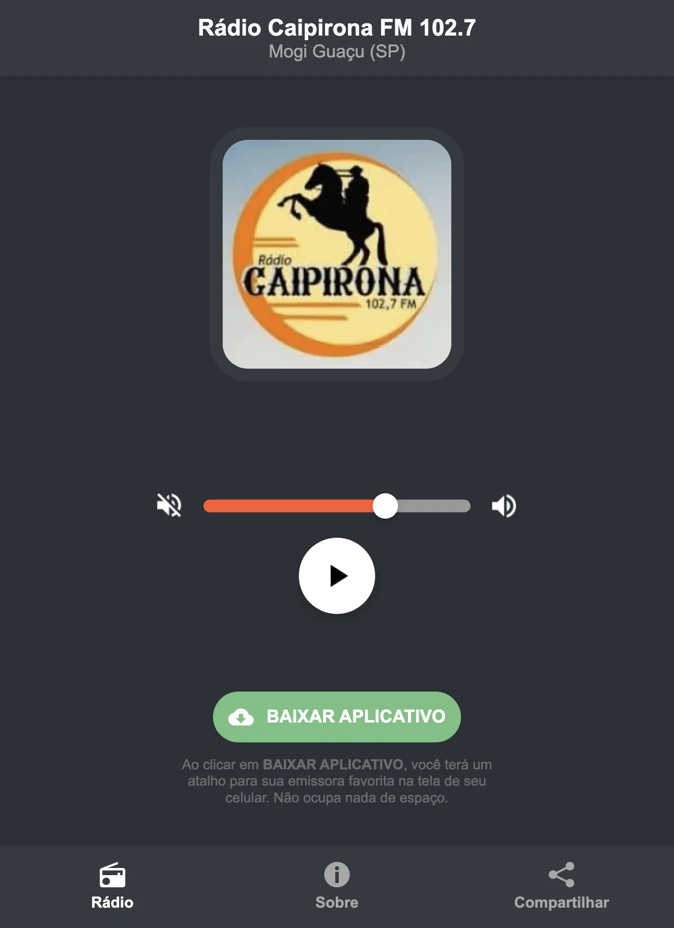 Screenshot do aplicativo da Rádio Caipirona FM 102.7