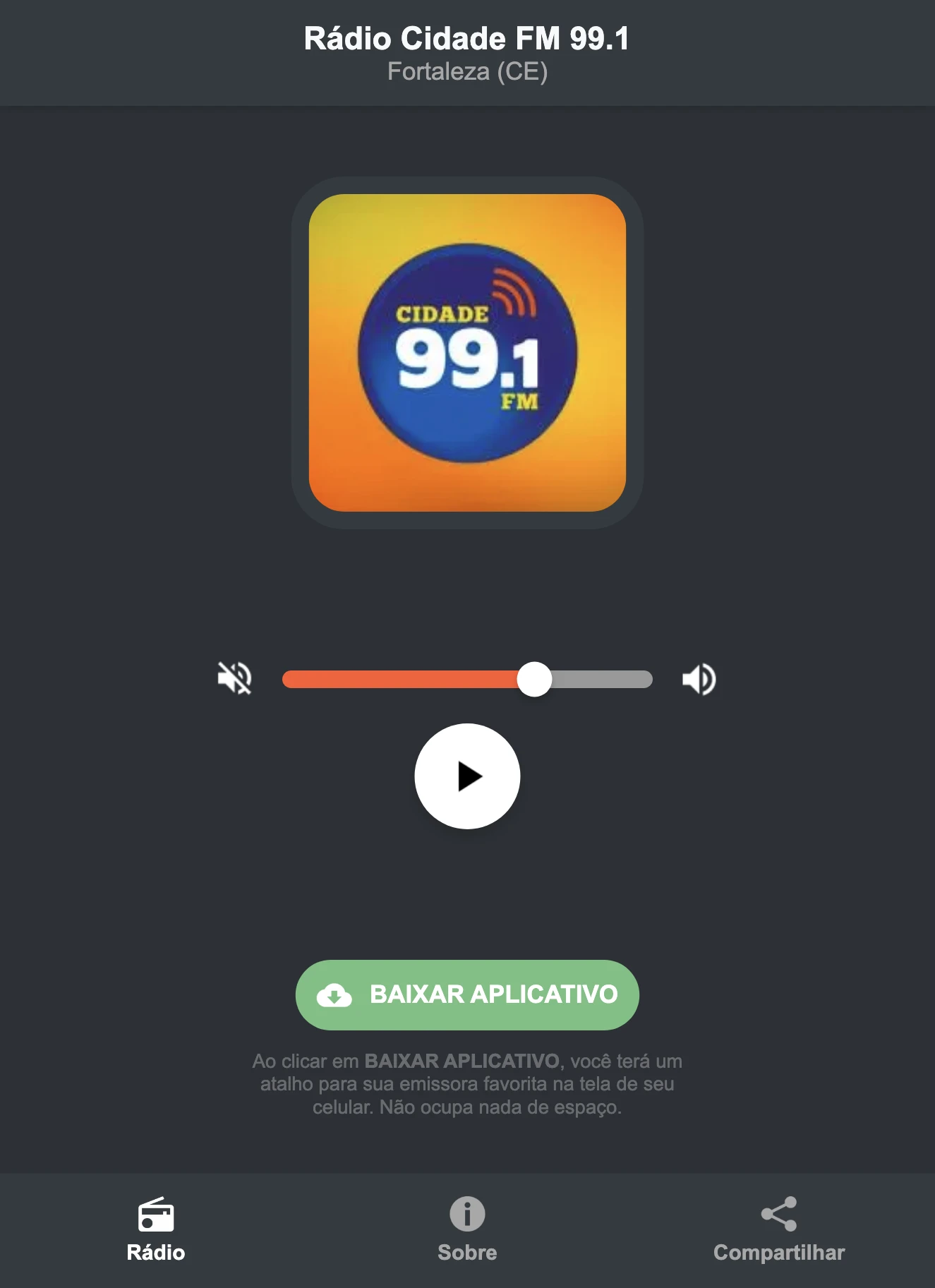 Screenshot do aplicativo da Rádio Cidade FM 99.1