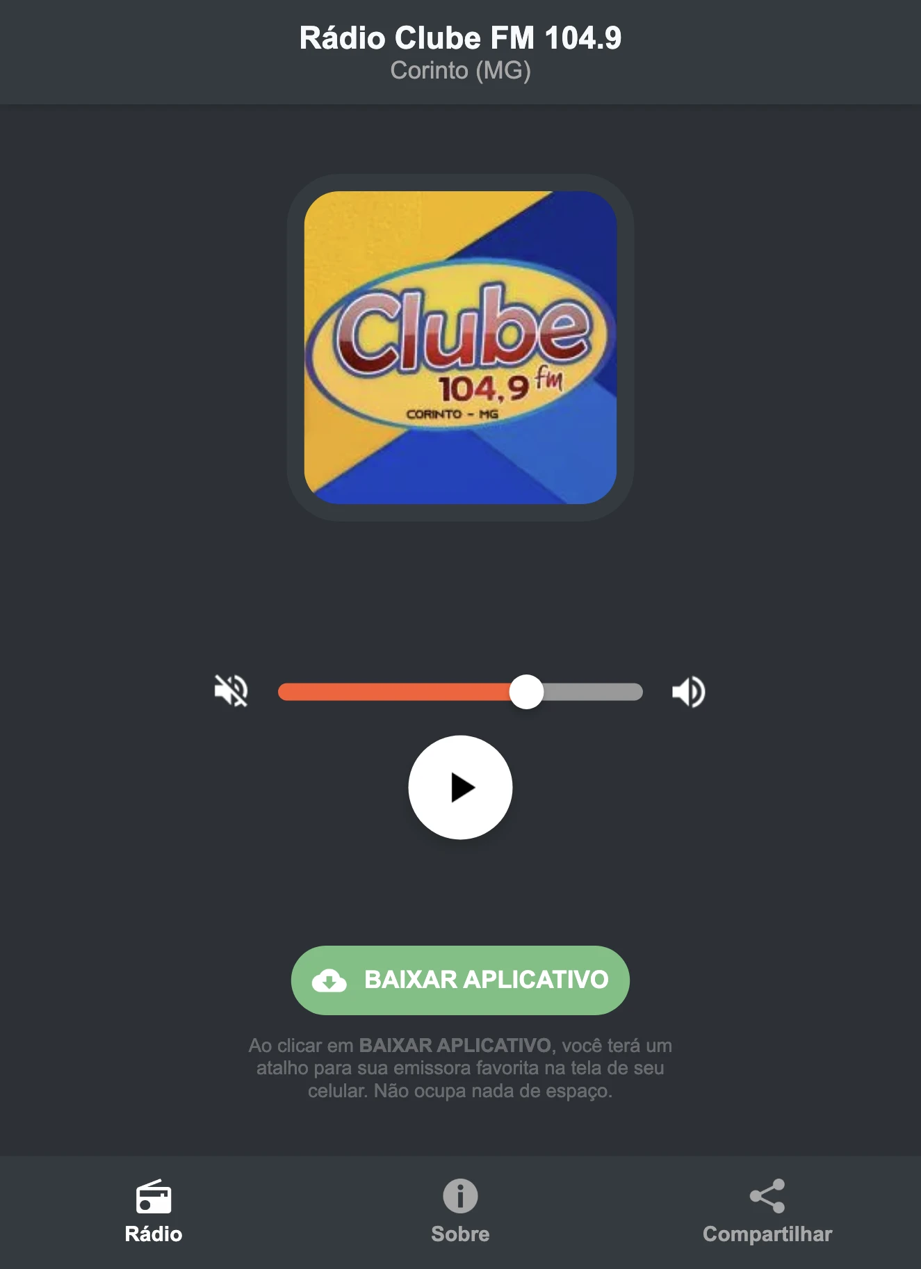 Screenshot do aplicativo da Rádio Clube FM 104.9