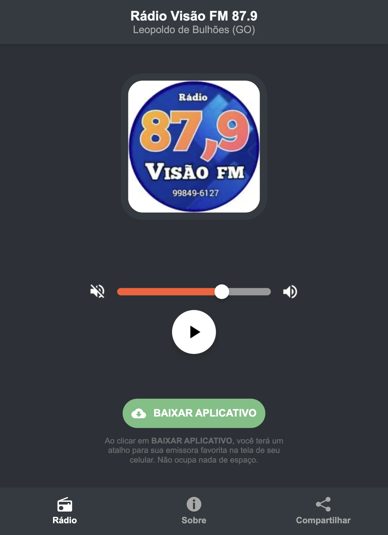 Screenshot do aplicativo da Rádio Visão FM 87.9