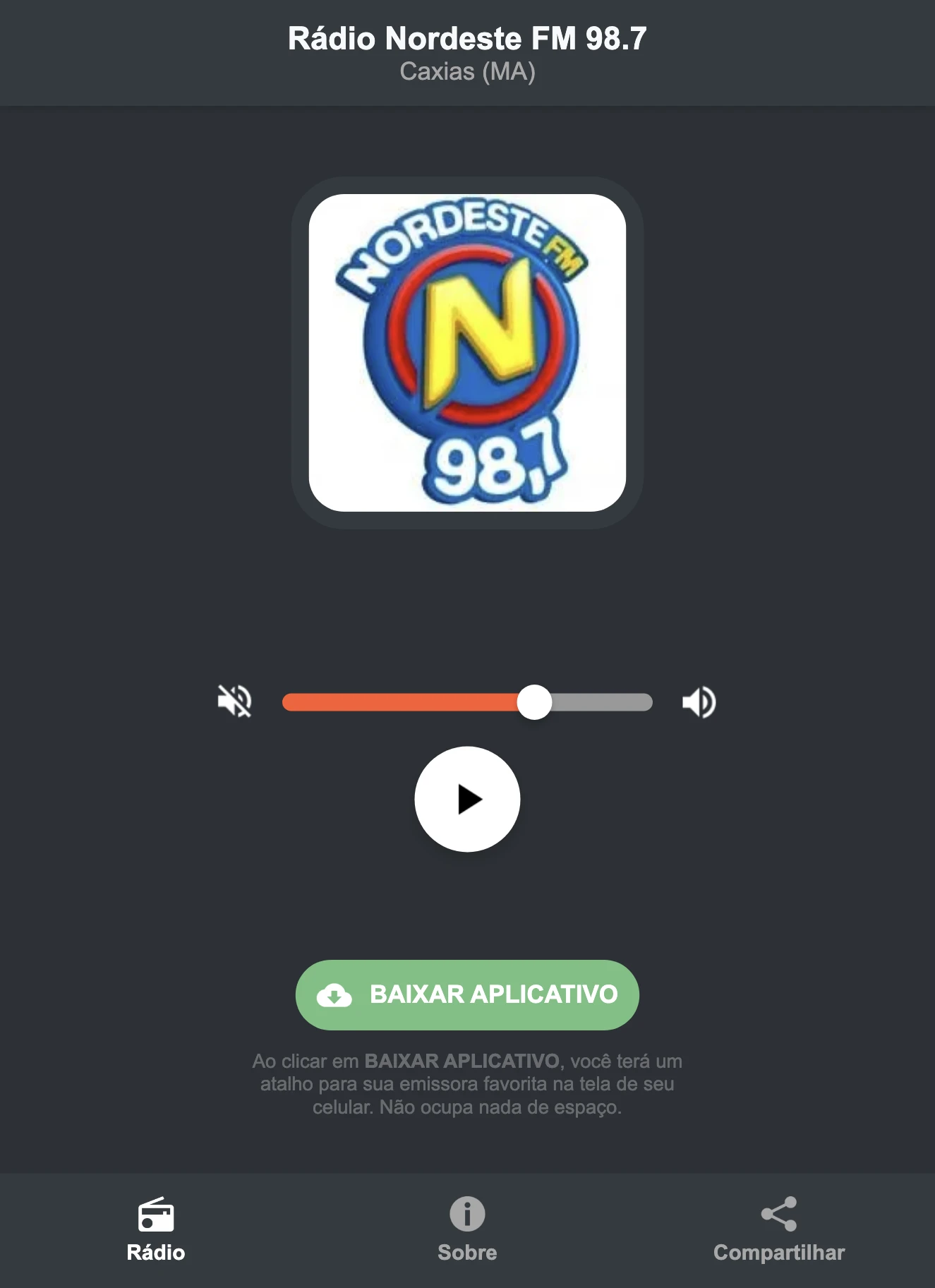 Screenshot do aplicativo da Rádio Nordeste FM 98.7