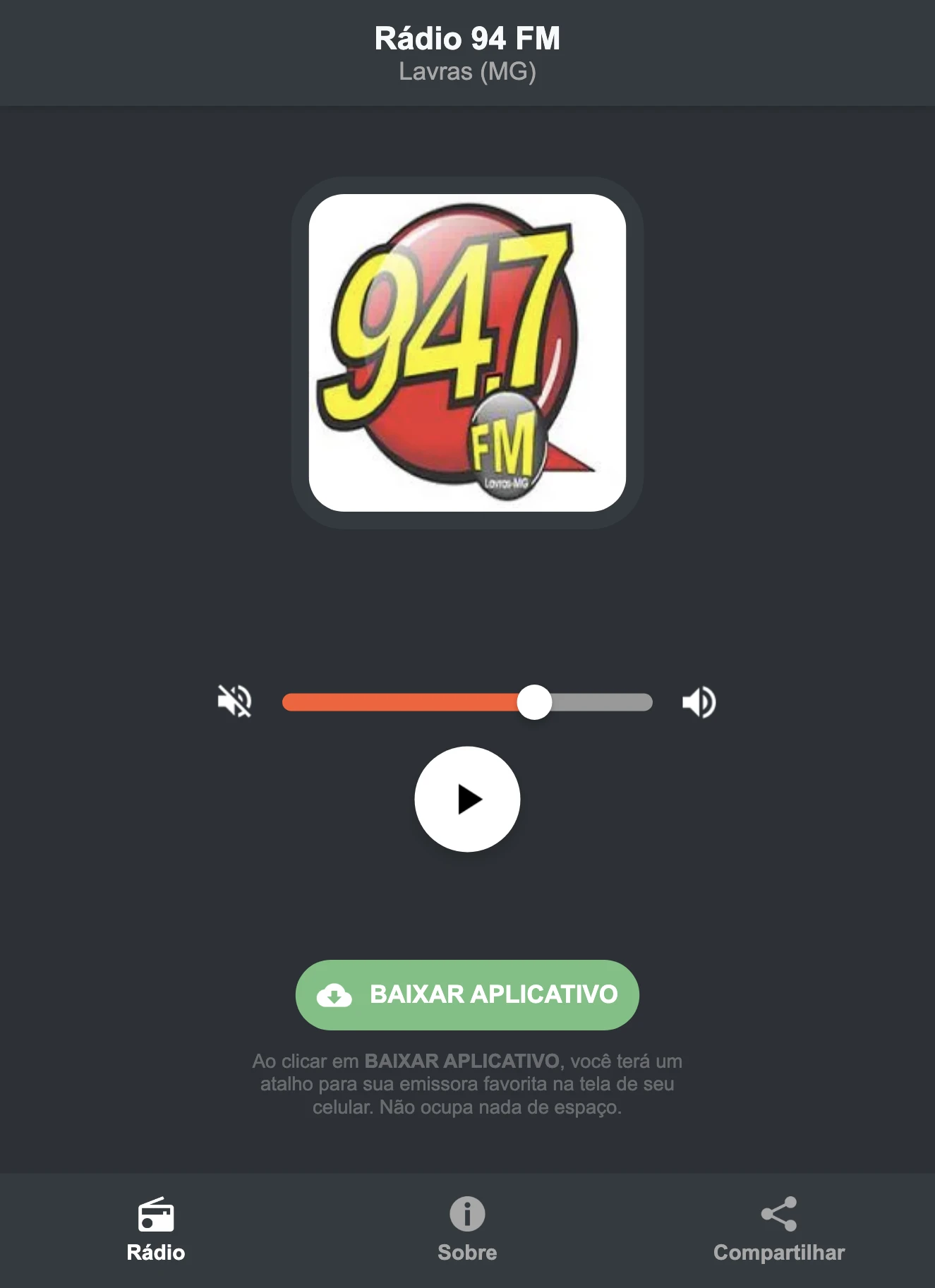 Screenshot do aplicativo da Rádio 94 FM
