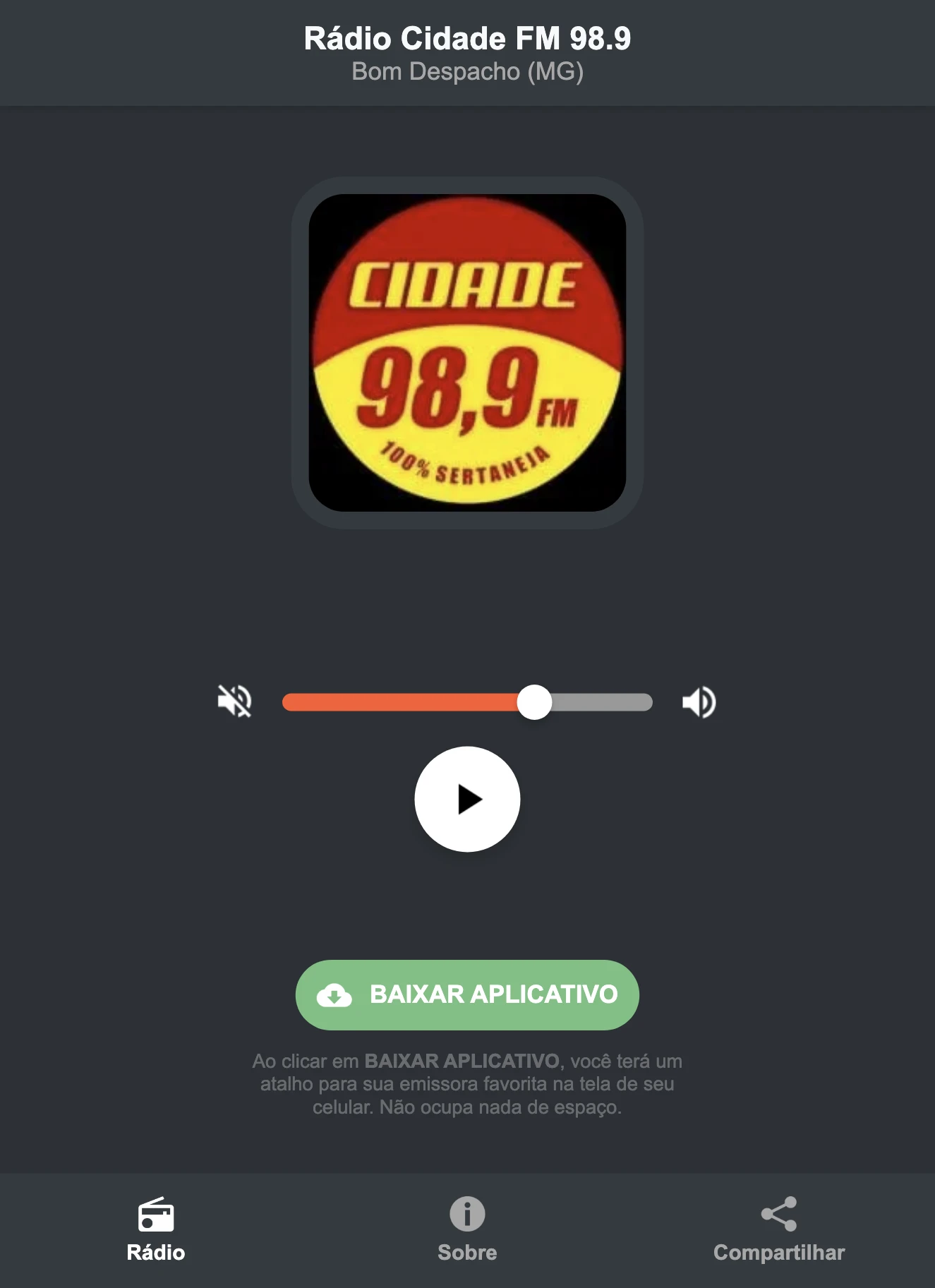 Screenshot do aplicativo da Rádio Cidade FM 98.9