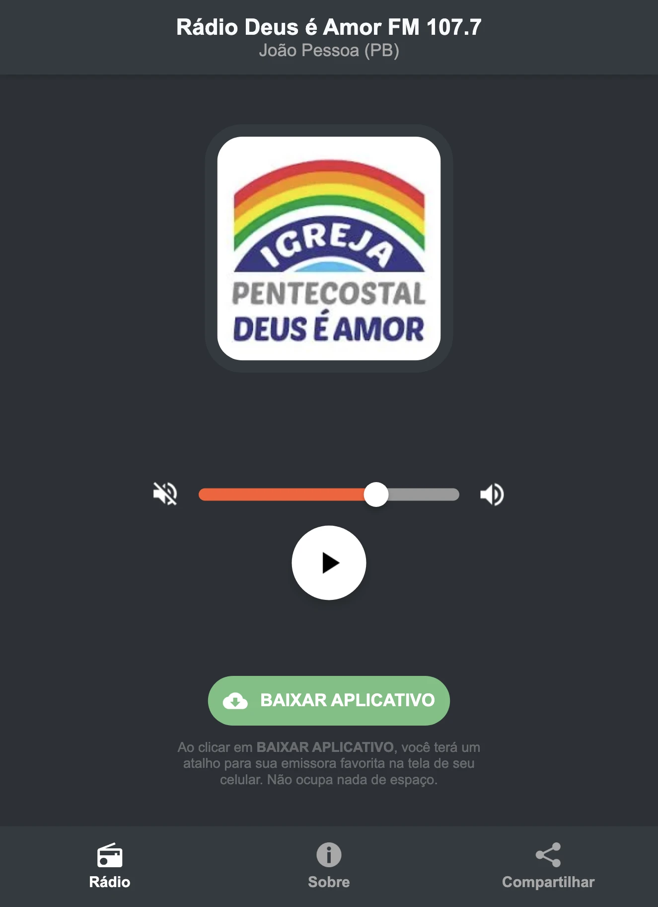 Screenshot do aplicativo da Rádio Deus é Amor FM 107.7