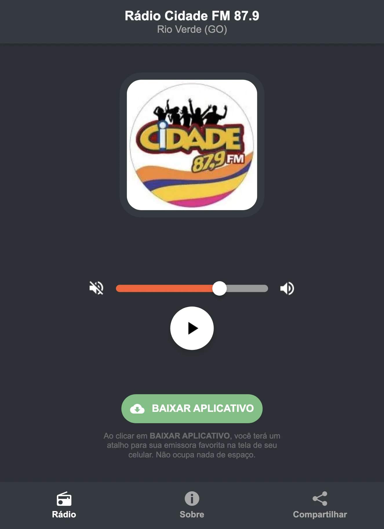 Screenshot do aplicativo da Rádio Cidade FM 87.9