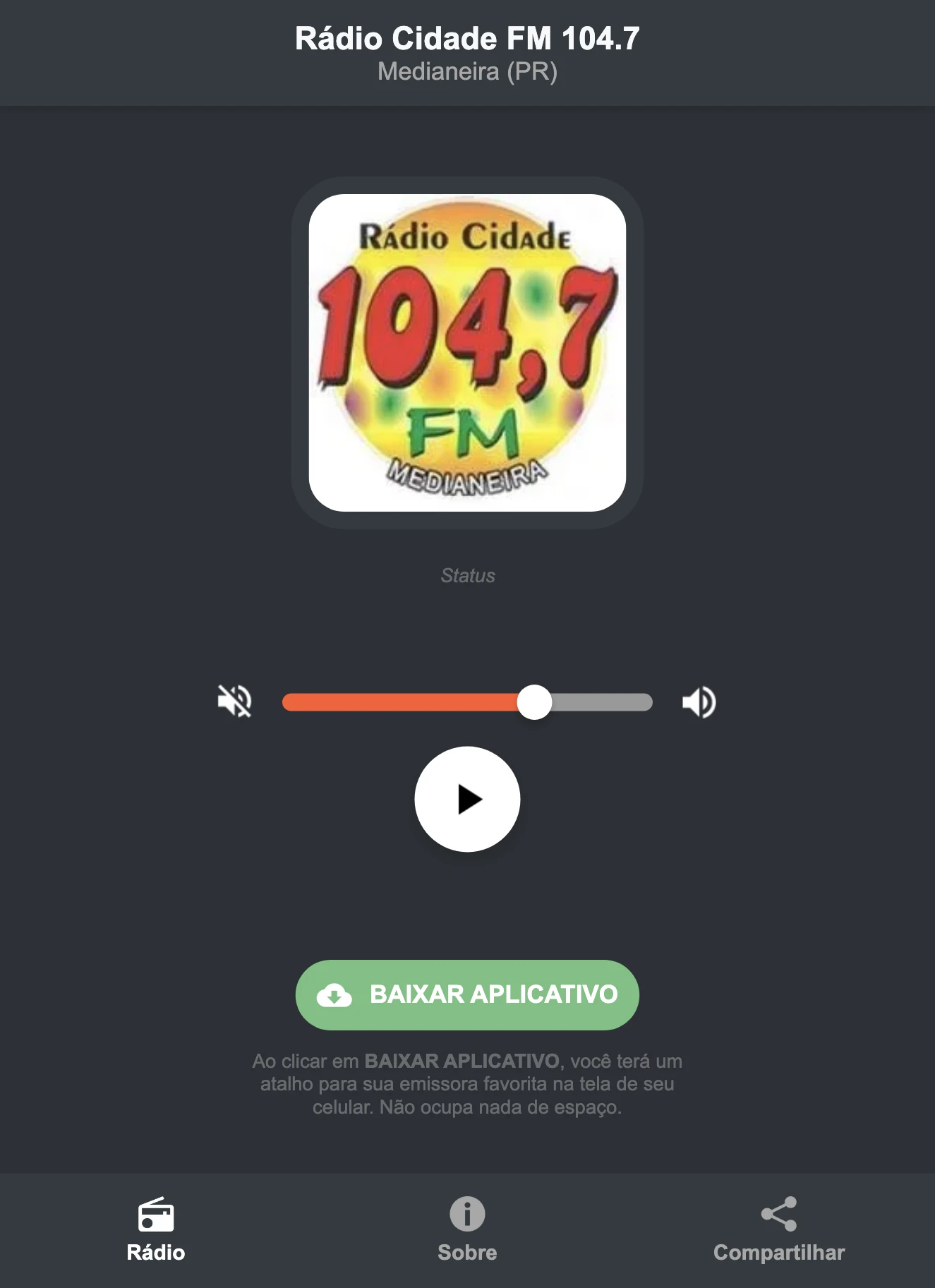 Screenshot do aplicativo da Rádio Cidade FM 104.7