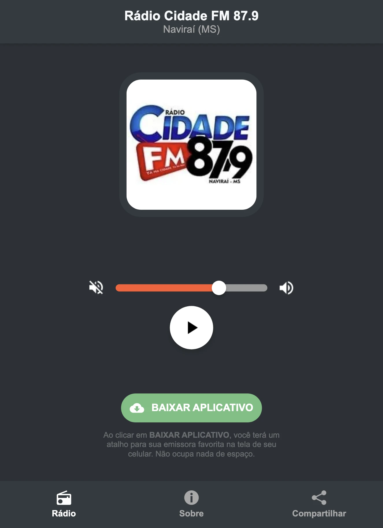 Screenshot do aplicativo da Rádio Cidade FM 87.9