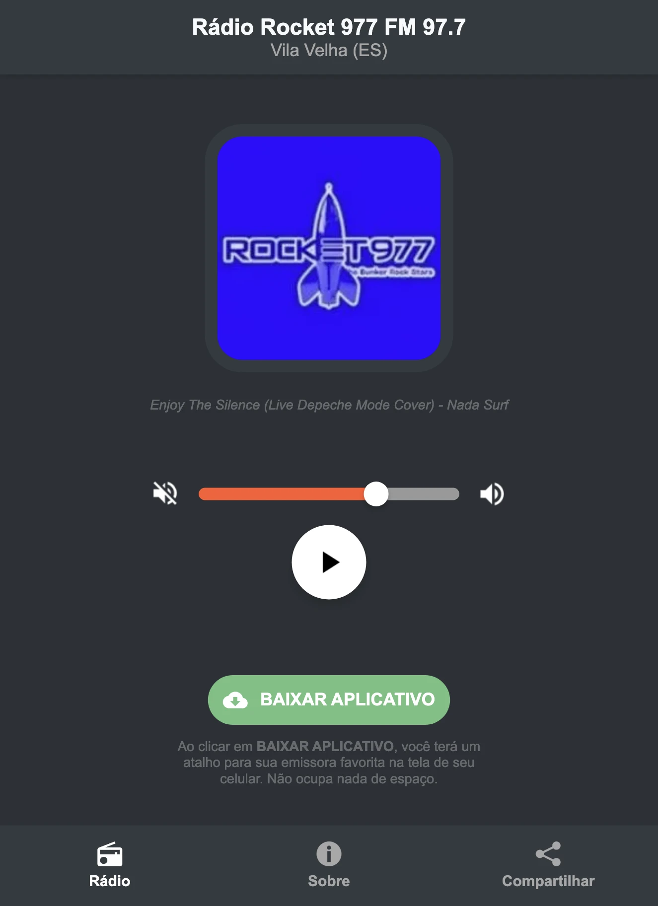 Screenshot do aplicativo da Rádio Rocket 977 FM 97.7