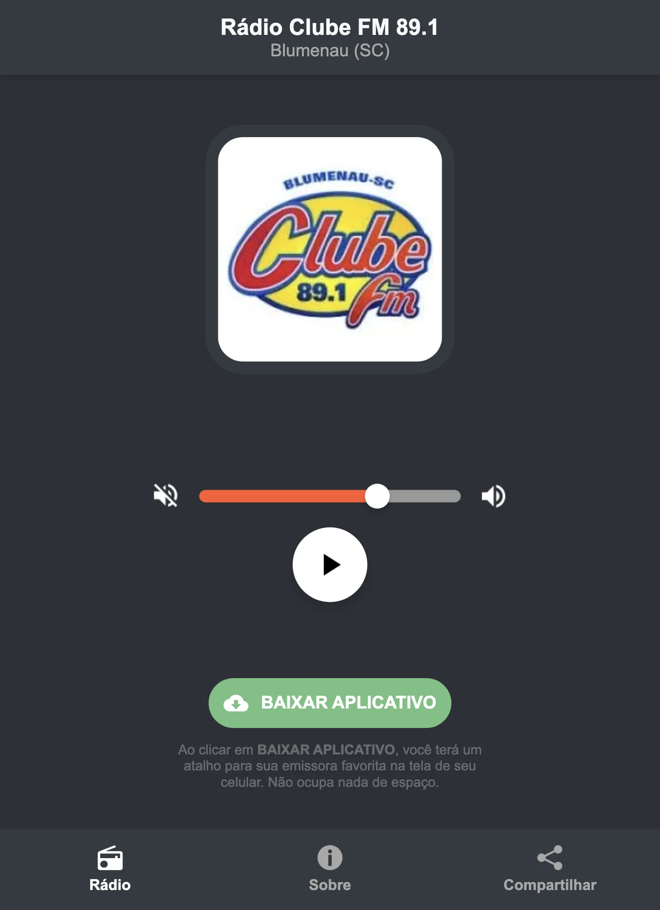Screenshot do aplicativo da Rádio Clube FM 89.1