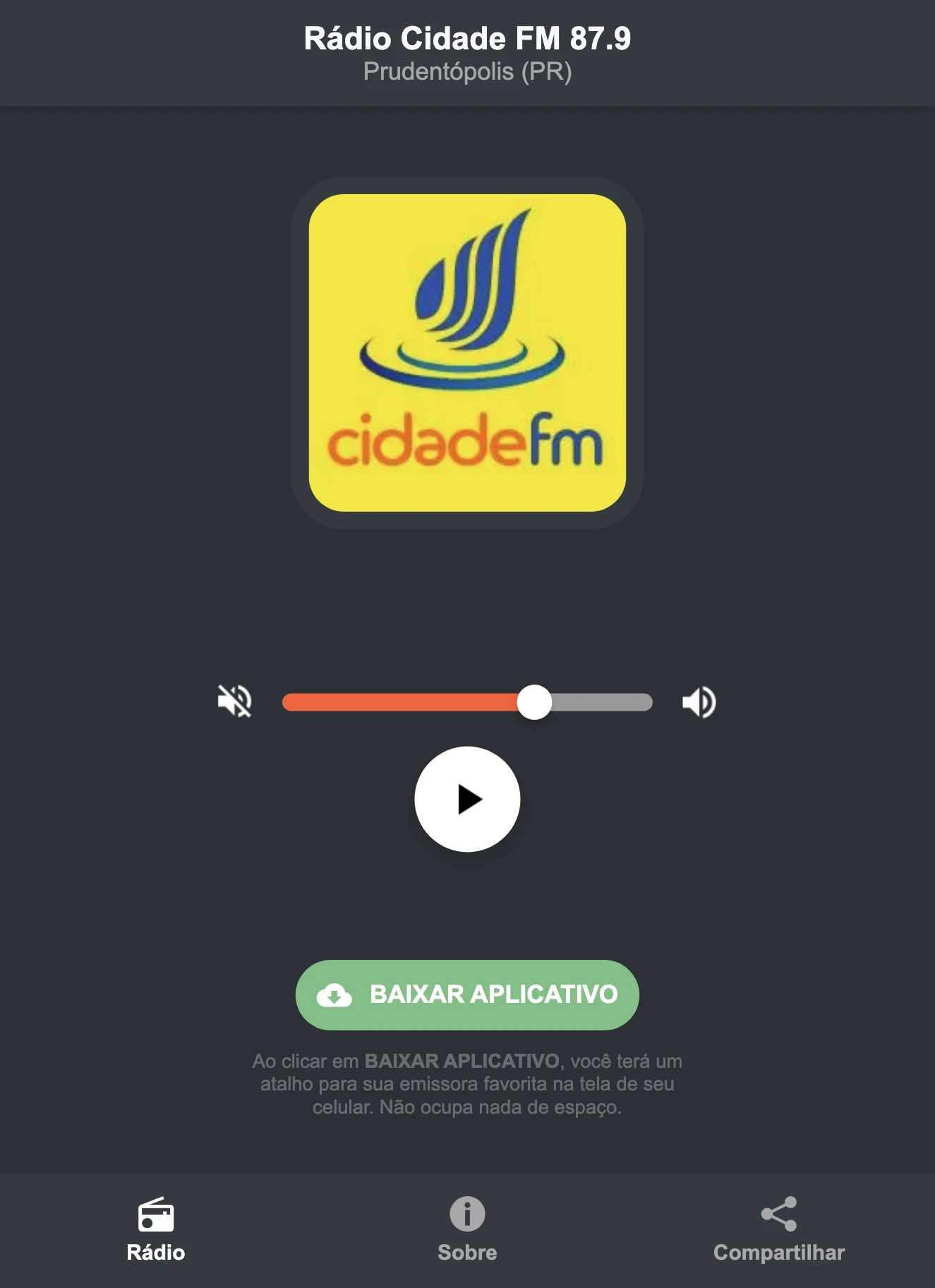 Screenshot do aplicativo da Rádio Cidade FM 87.9