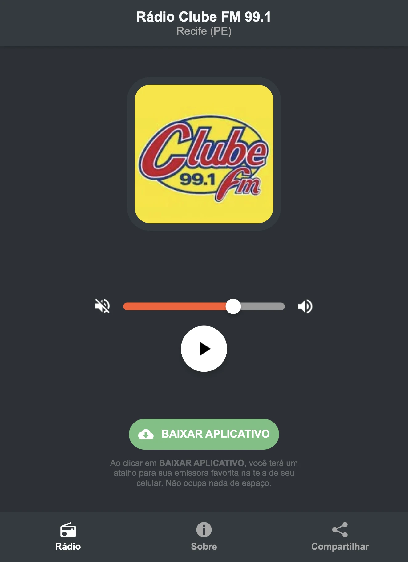 Screenshot do aplicativo da Rádio Clube FM 99.1