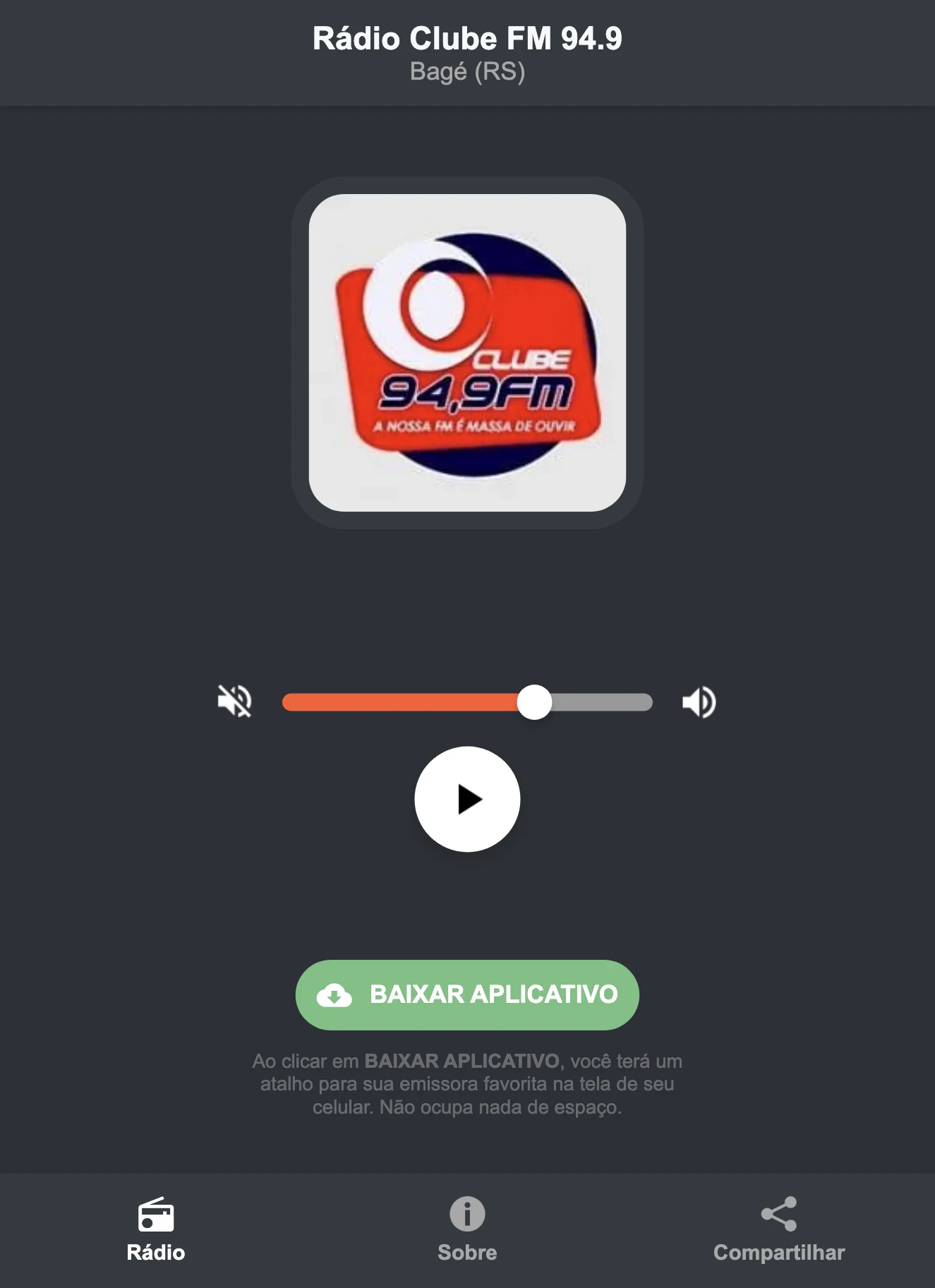 Screenshot do aplicativo da Rádio Clube FM 94.9