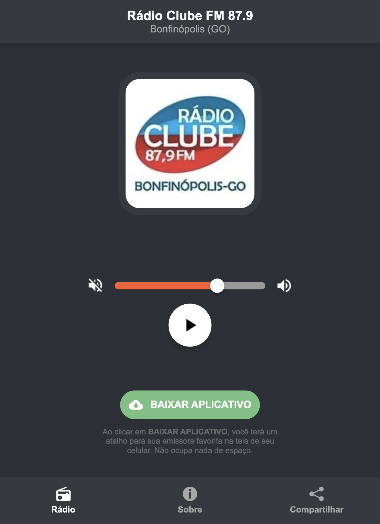 Screenshot do aplicativo da Rádio Clube FM 87.9