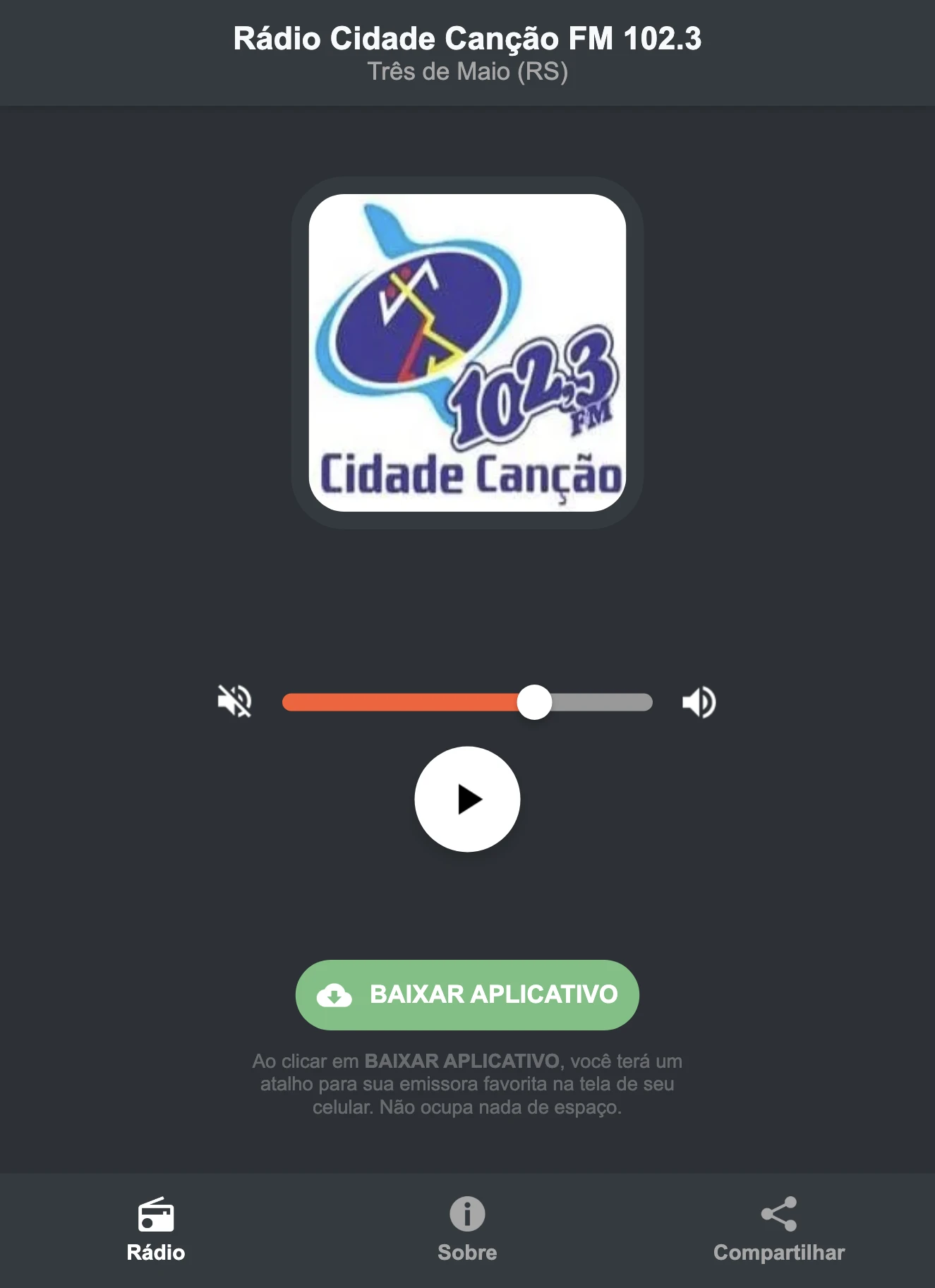 Screenshot do aplicativo da Rádio Cidade Canção FM 102.3