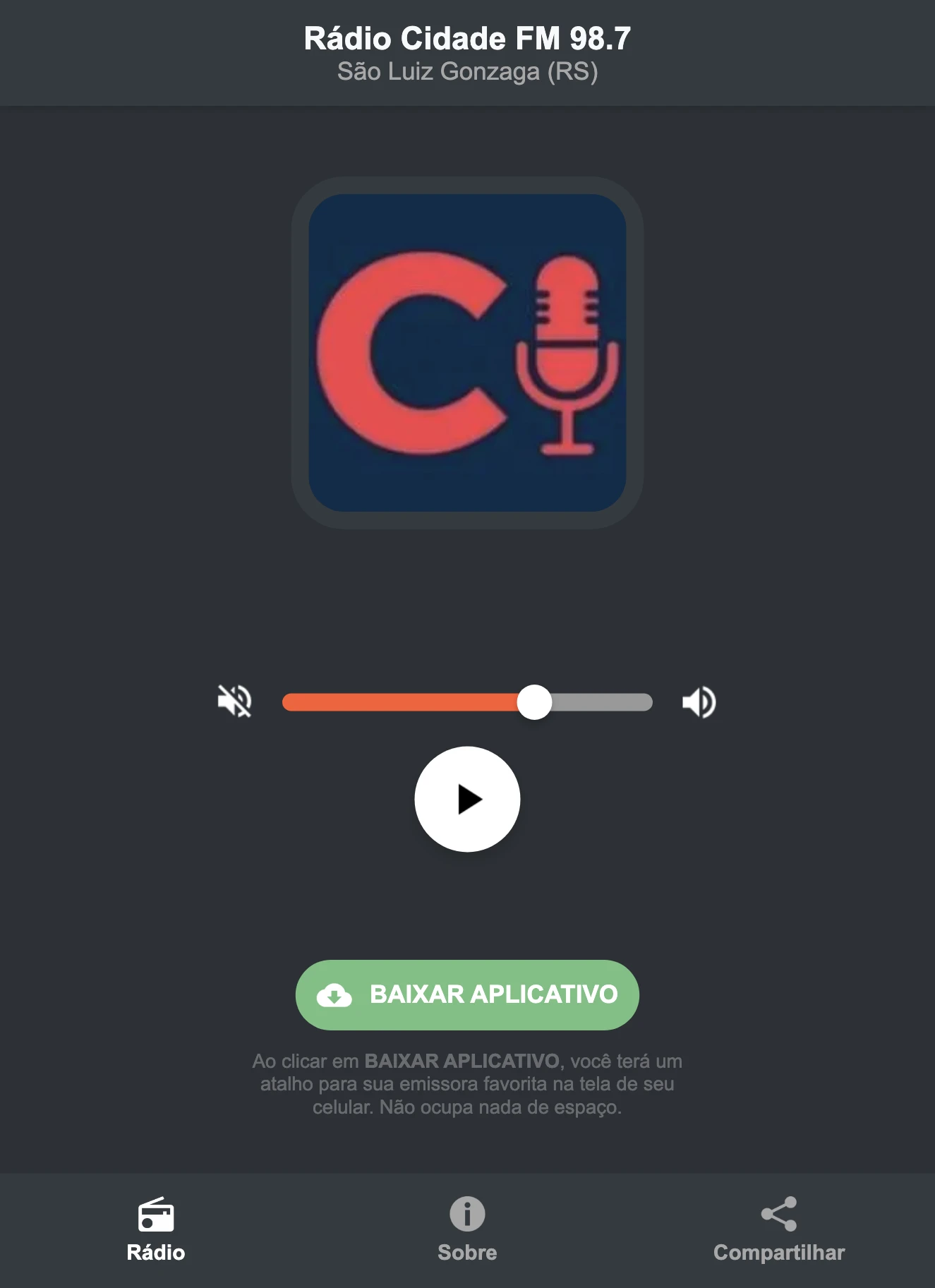 Screenshot do aplicativo da Rádio Cidade FM 98.7