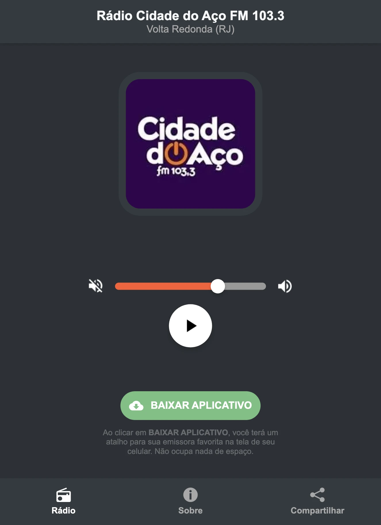 Screenshot do aplicativo da Rádio Cidade do Aço FM 103.3