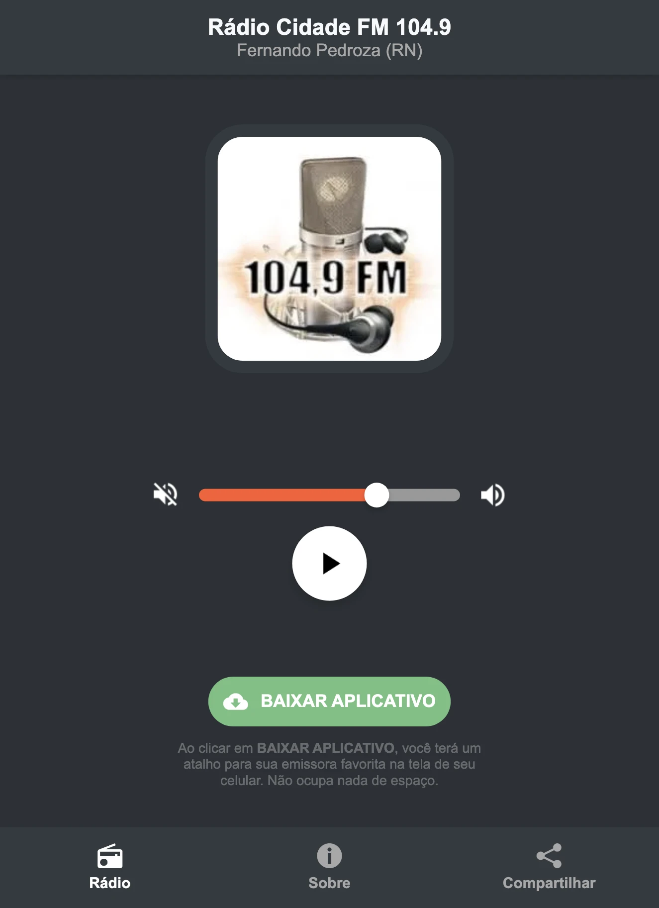 Screenshot do aplicativo da Rádio Cidade FM 104.9
