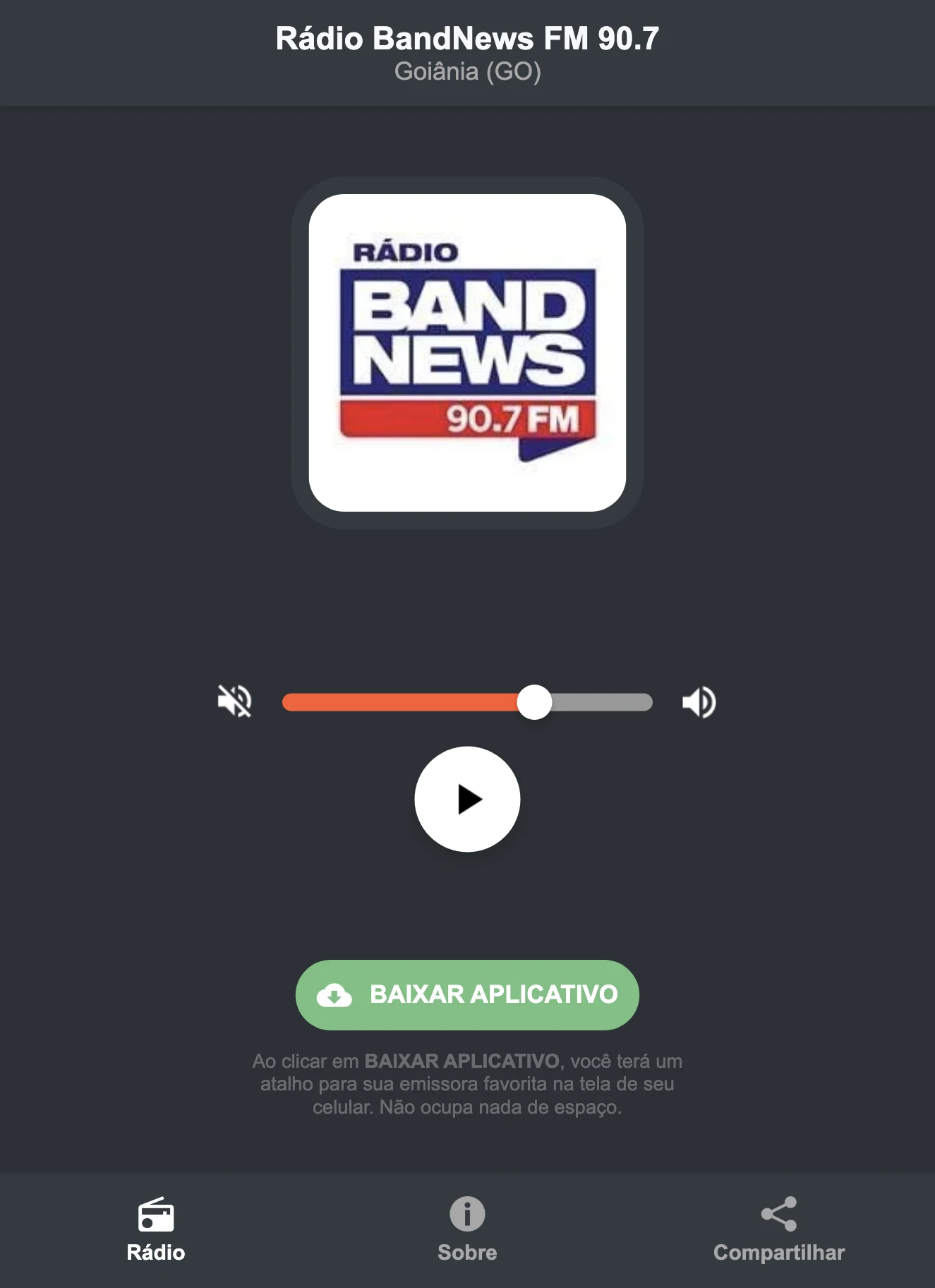 Screenshot do aplicativo da Rádio BandNews FM 90.7