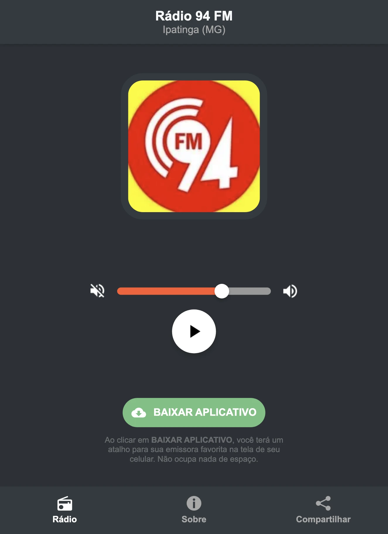 Screenshot do aplicativo da Rádio 94 FM