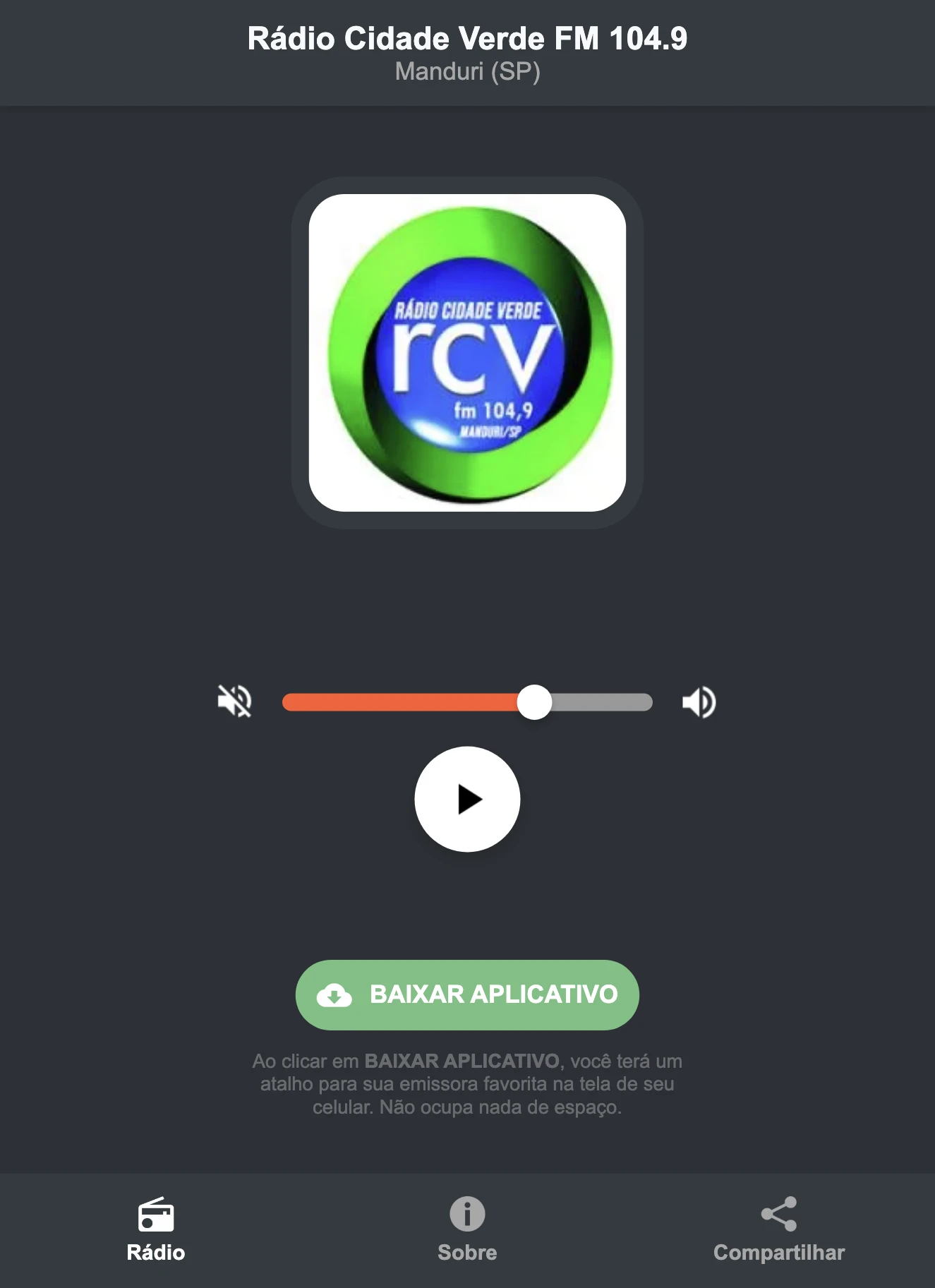 Screenshot do aplicativo da Rádio Cidade Verde FM 104.9