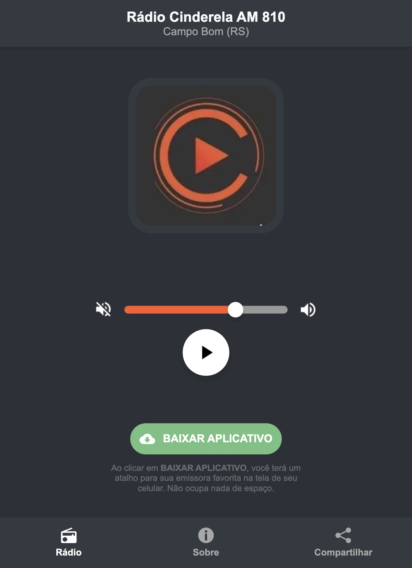 Screenshot do aplicativo da Rádio Cinderela AM 810