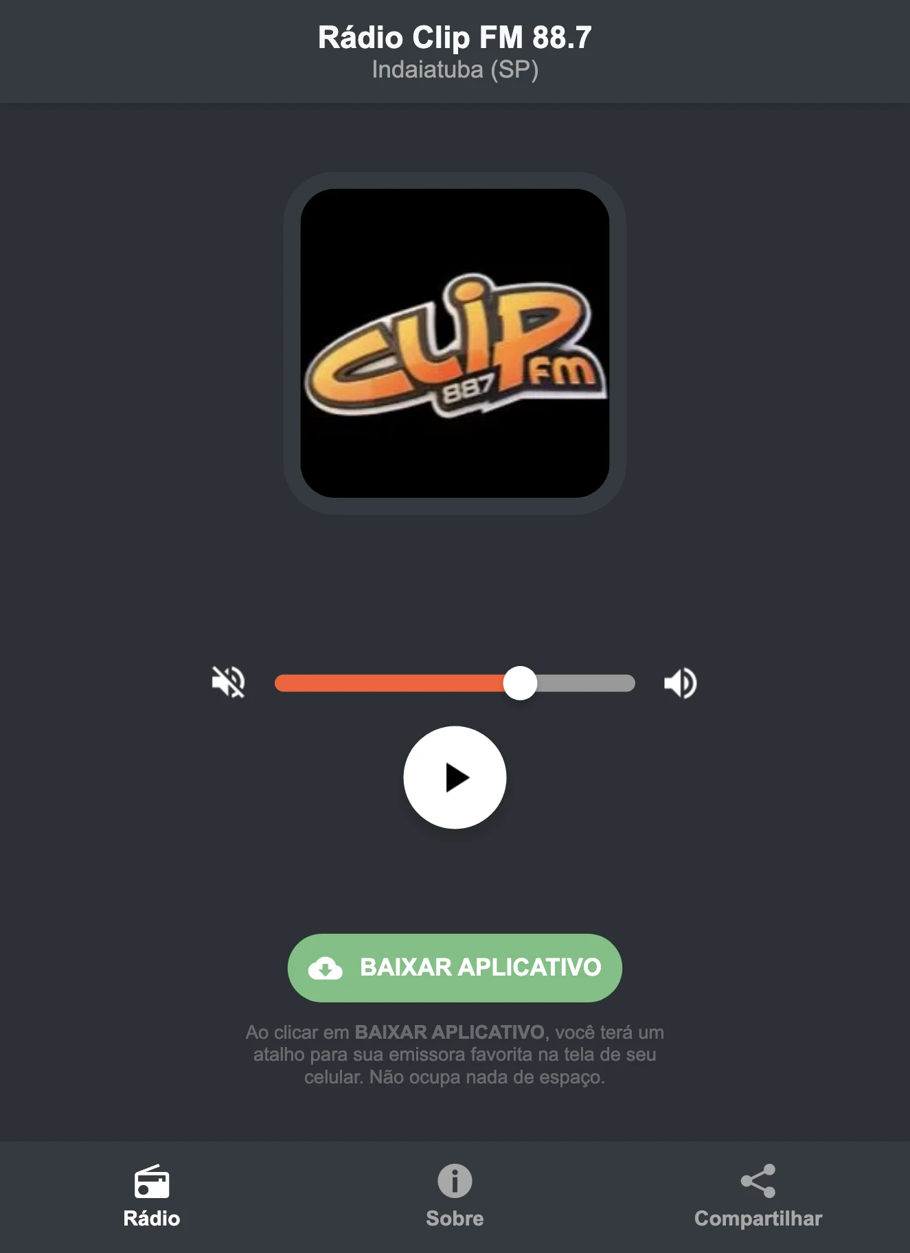 Screenshot do aplicativo da Rádio Clip FM 88.7